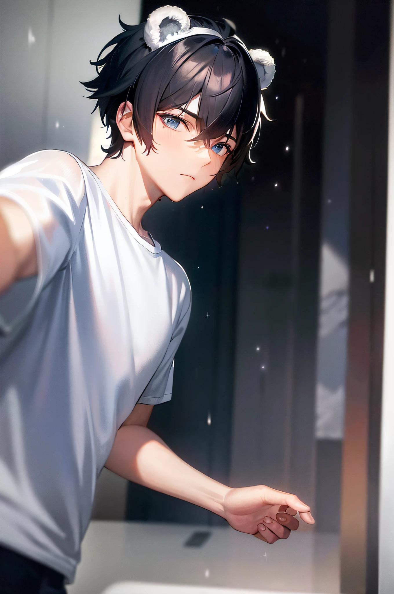 ((A male:1.2)), ((boy:1.2)), first-person view, upper body, cold light, blue_eyes, (bear ears:1.2), hair_between_eyes, (Zaffre eyes color:1.1), (holding a dog robot toy:1.2), (cute white T-shirt:1.5), dog pattern, looking_at_viewer, male_focus, short_hair, (the idealism of the future world:1.2), (clean background trending:1.5), rain, wet hair, styled with a captivating hairdo, accentuated with bangs and hair between eyes, highlighting his distinctive and stylish black and short hair, this dynamic composition expertly showcases his strong male focus, in a manner that captivates and intrigues viewers