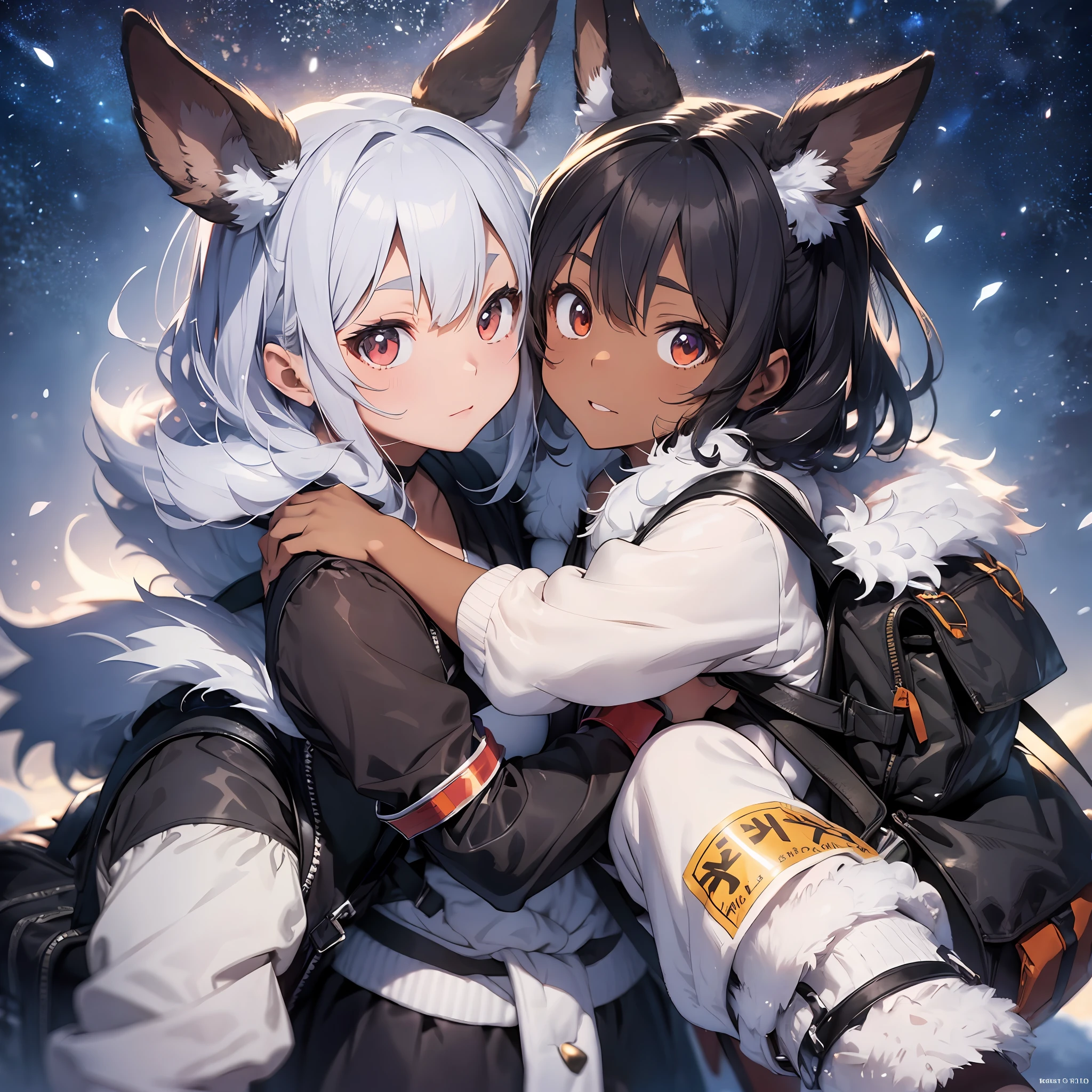 Background is snow, hagging, fur and bikini fusion covered with fur, two girls, staring at each other and hugging, ridiculous, thick eyebrows, (huge backpack: 1.5), (dark skin: 1.3), brown skin, movie lighting, small, rabbit ears, (masterpiece), ((best quality)), (super detailed), glossy skin, full body anime girl, clean and detailed anime face, high resolution anime eyes, five fingers, Textile shading, perfect human structure, perfect anatomy,
