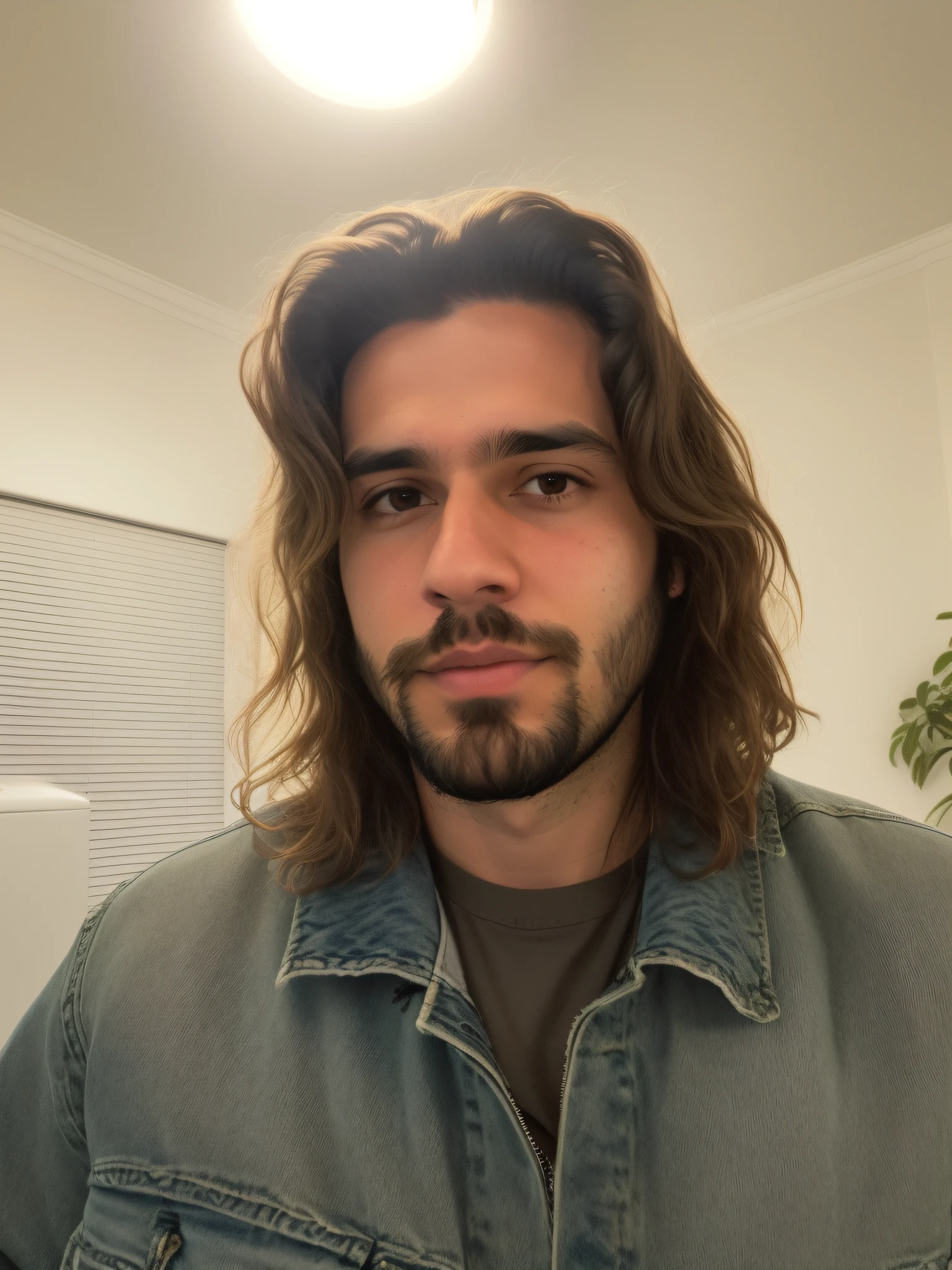 arafed man with long hair and beard wearing a denim jacket, with a small beard, his hair is messy and unkempt, a photo of a disheveled man, taken in the early 2020s, with no beard, symmetrical face orelsan, mid long hair, scruffy looking, shaggy haircut, without beard