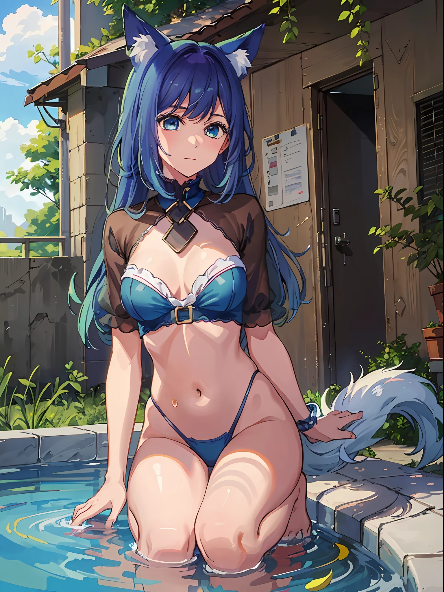 1girl (masterpiece) (best quality) (shiny hair) (shiny skin), Akane, Blue hair, Blue eyes, Pool, Dog ears, Dog tail
