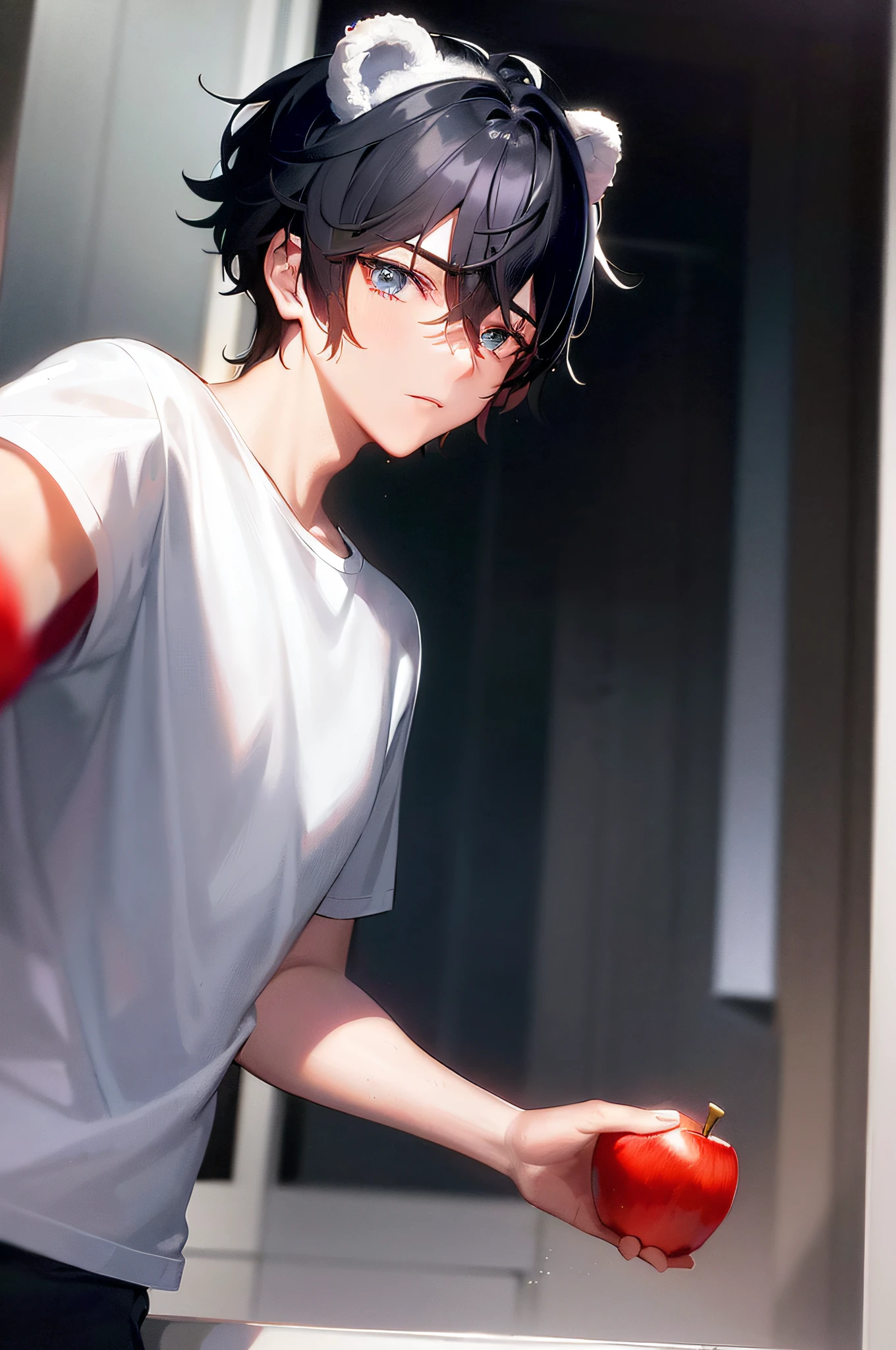 ((A male:1.2)), ((boy:1.2)), first-person view, upper body, cold light, blue_eyes, (bear ears:1.2), hair_between_eyes, (Zaffre eyes color:1.1), (holding a red apple:1.5), (cute white T-shirt:1.5), dog pattern, looking_at_viewer, male_focus, short_hair, (the idealism of the future world:1.2), (clean background trending:1.5), rain, wet hair, styled with a captivating hairdo, accentuated with bangs and hair between eyes, highlighting his distinctive and stylish black and short hair,    this dynamic composition expertly showcases his strong male focus, in a manner that captivates and intrigues viewers