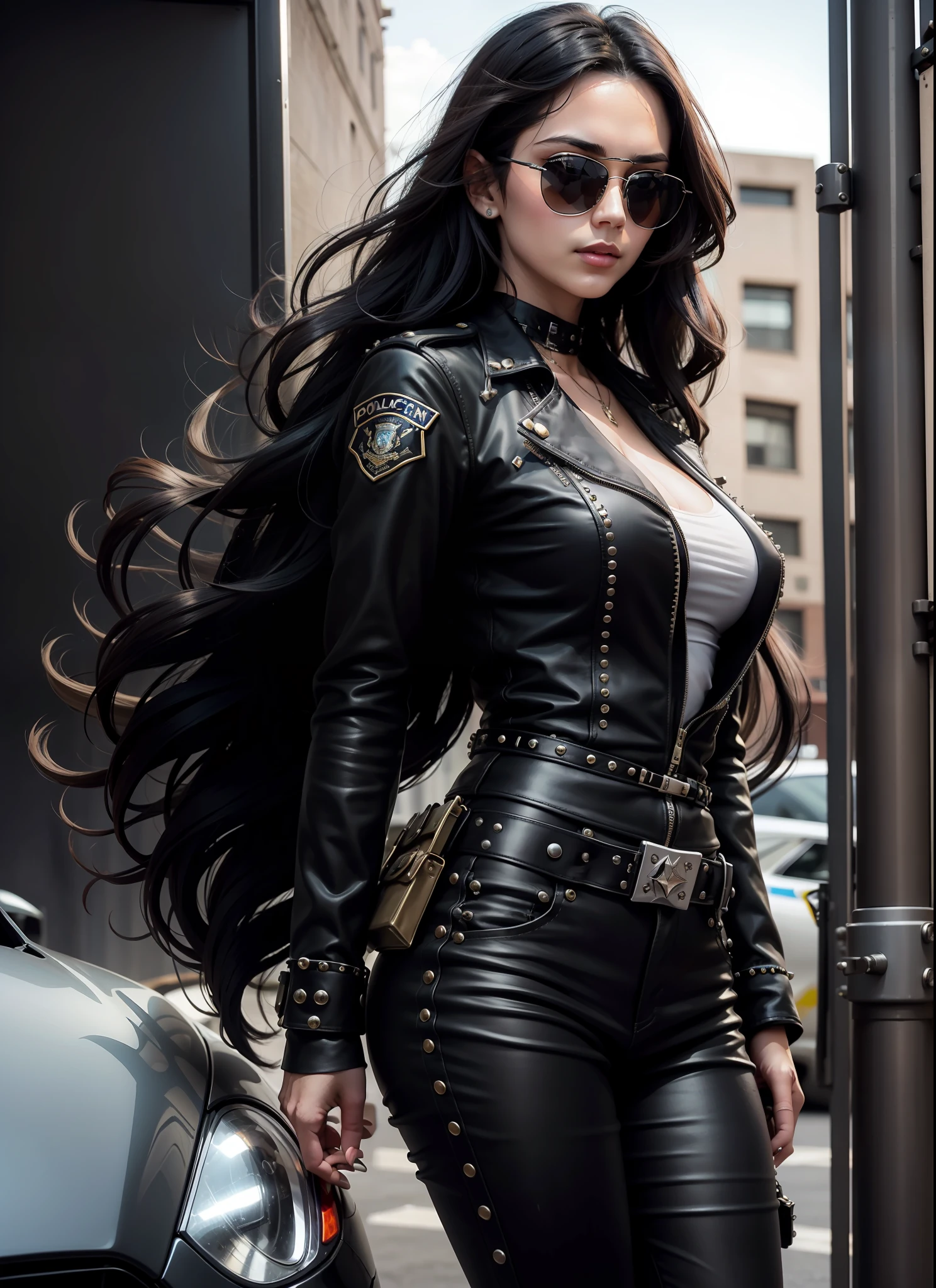 police, beautiful woman, medium dark long hair, black sunglasses, rivets, cars, airplanes, just one body