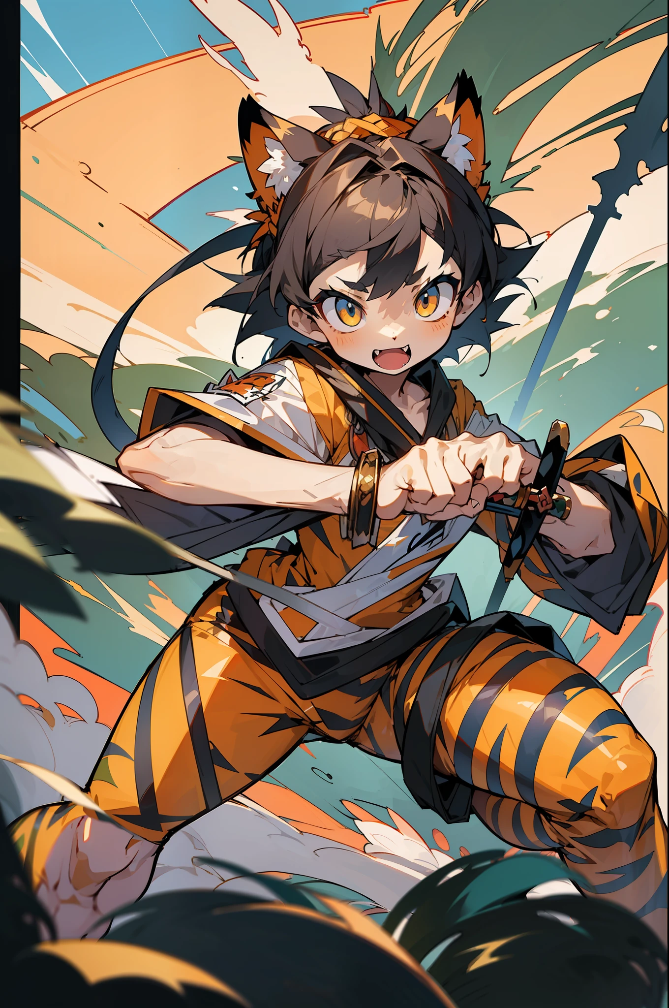 Masterpiece, hyper quality, hyper detail, perfect drawing, 1 beautiful girl, tiger print bikini, tiger ear, tiger tail, tiger palm, tiger po, tiger finger, sharp claws, sharp fangs, hunter's eyes aiming at prey, black hair and blonde mesh, sharp eyes, height 177cm (3 sizes B95W60H90) ((super huge sword, in hand)) , Open stance, action pose, brave perspective, sunrise standing (bold composition with the hilt of the sword gripped with both hands and the tip of the sword thrust forward)