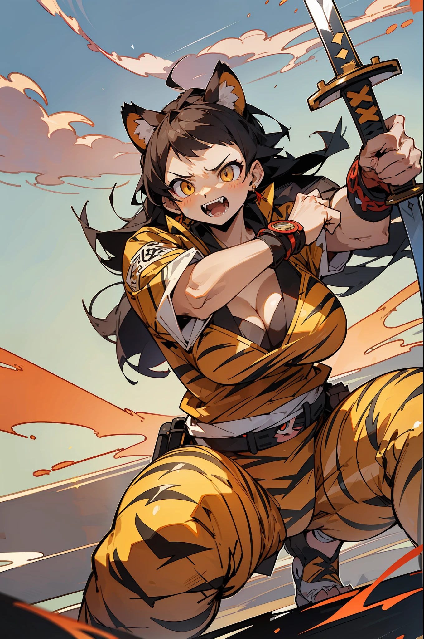 Masterpiece, hyper quality, hyper detail, perfect drawing, 1 beautiful girl, tiger print bikini, tiger ear, tiger tail, tiger palm, tiger po, tiger finger, sharp claws, sharp fangs, hunter's eyes aiming at prey, black hair and blonde mesh, sharp eyes, height 177cm (3 sizes B95W60H90) ((super huge sword, in hand)) , Open stance, action pose, brave perspective, sunrise standing (bold composition with the hilt of the sword gripped with both hands and the tip of the sword thrust forward)