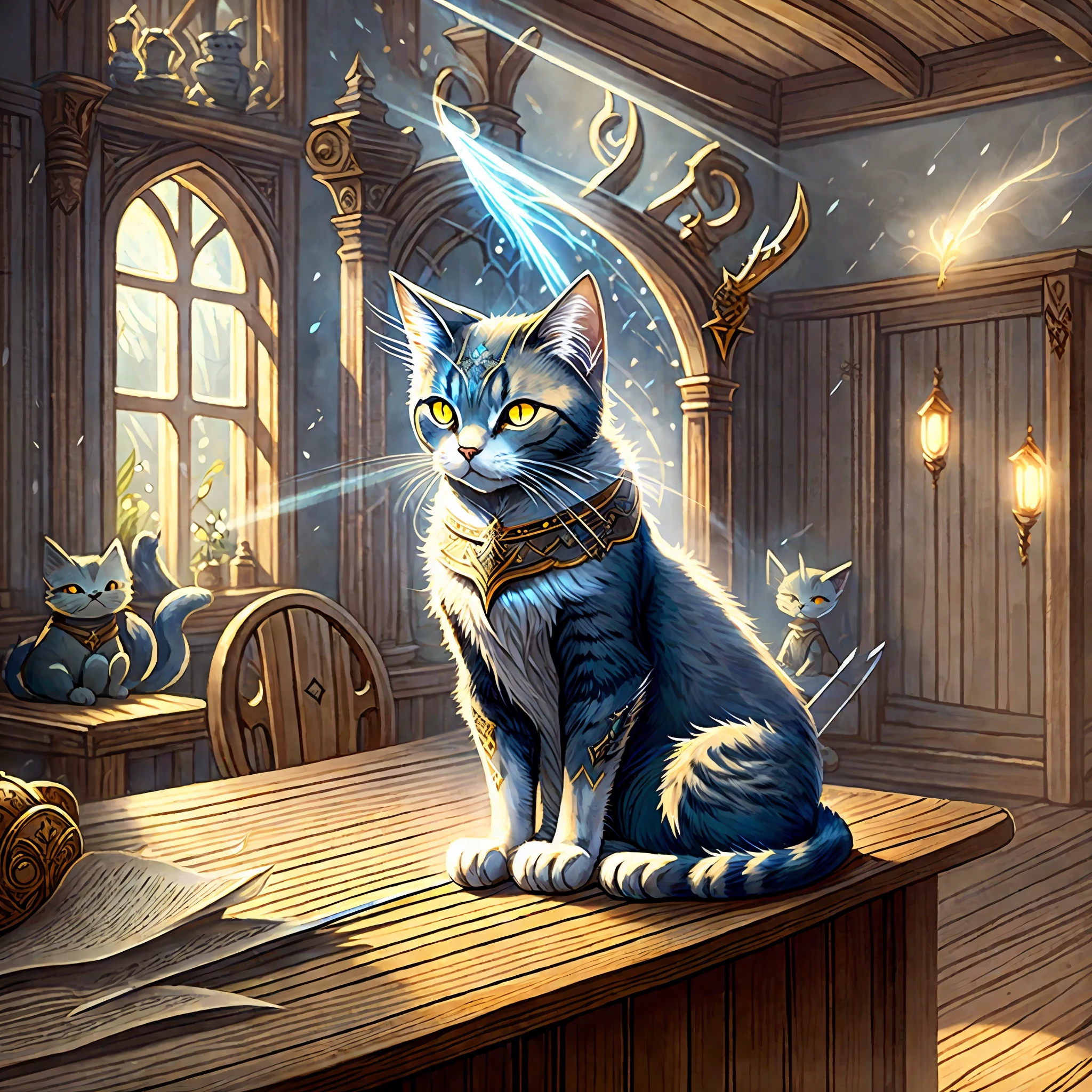 fantasy cat in a room sitting on wood table, swords on table, misty lighting, illustrative, magical --auto --s2