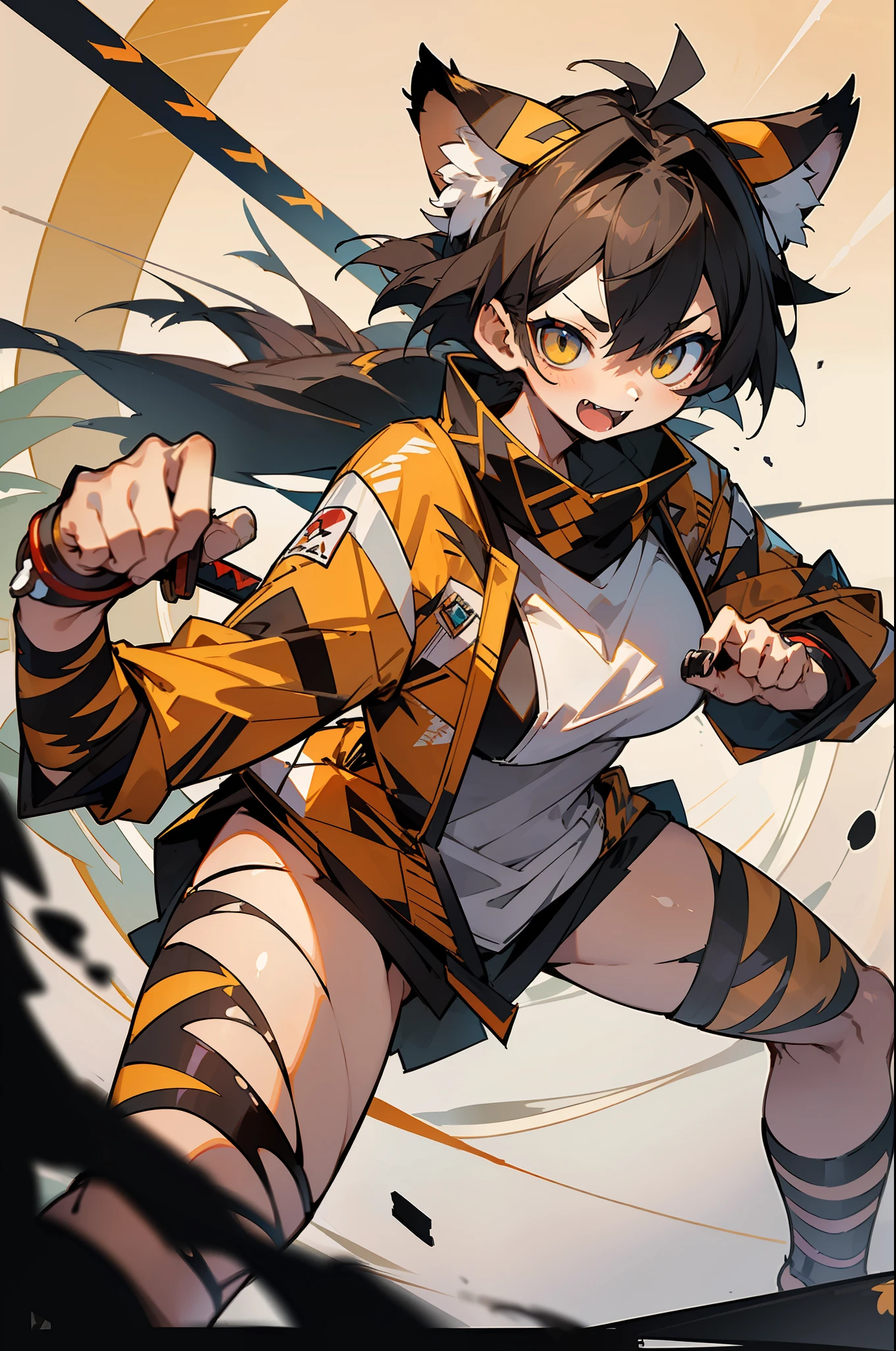 Masterpiece, hyper quality, hyper detail, perfect drawing, 1 beautiful girl, tiger print bikini, tiger ear, tiger tail, tiger palm, tiger po, tiger finger, sharp claws, sharp fangs, hunter's eyes aiming at prey, black hair and blonde mesh, sharp eyes, height 177cm (3 sizes B95W60H90) ((super huge sword, in hand)) , Open stance, action pose, brave perspective, sunrise standing (bold composition with the hilt of the sword gripped with both hands and the tip of the sword thrust forward)