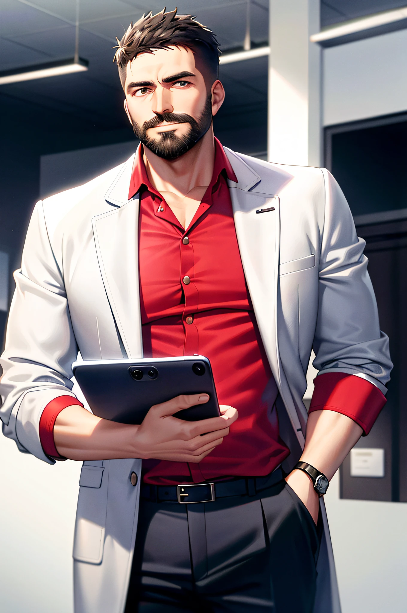A man with short hair, a beard on his face, holding a cell phone to make a call, a white suit and a red shirt, standing in the office