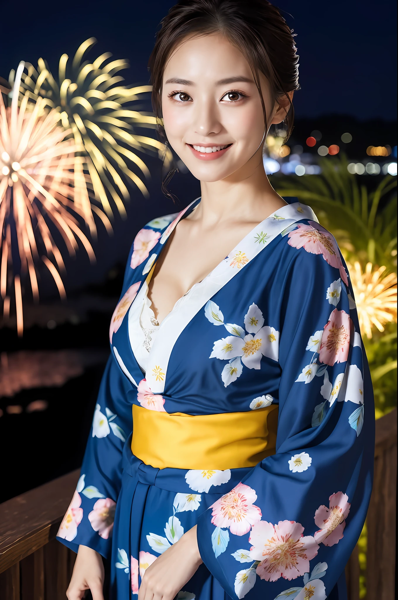 ((masterpiece, highest quality, super definition, high definition)), solo, beautiful girl, shining eyes, perfect eyes, fluttering yukata, cleavage, beautiful sister of Japan, yukata with floral pattern, fireworks at night in the background, high image quality, 4K.