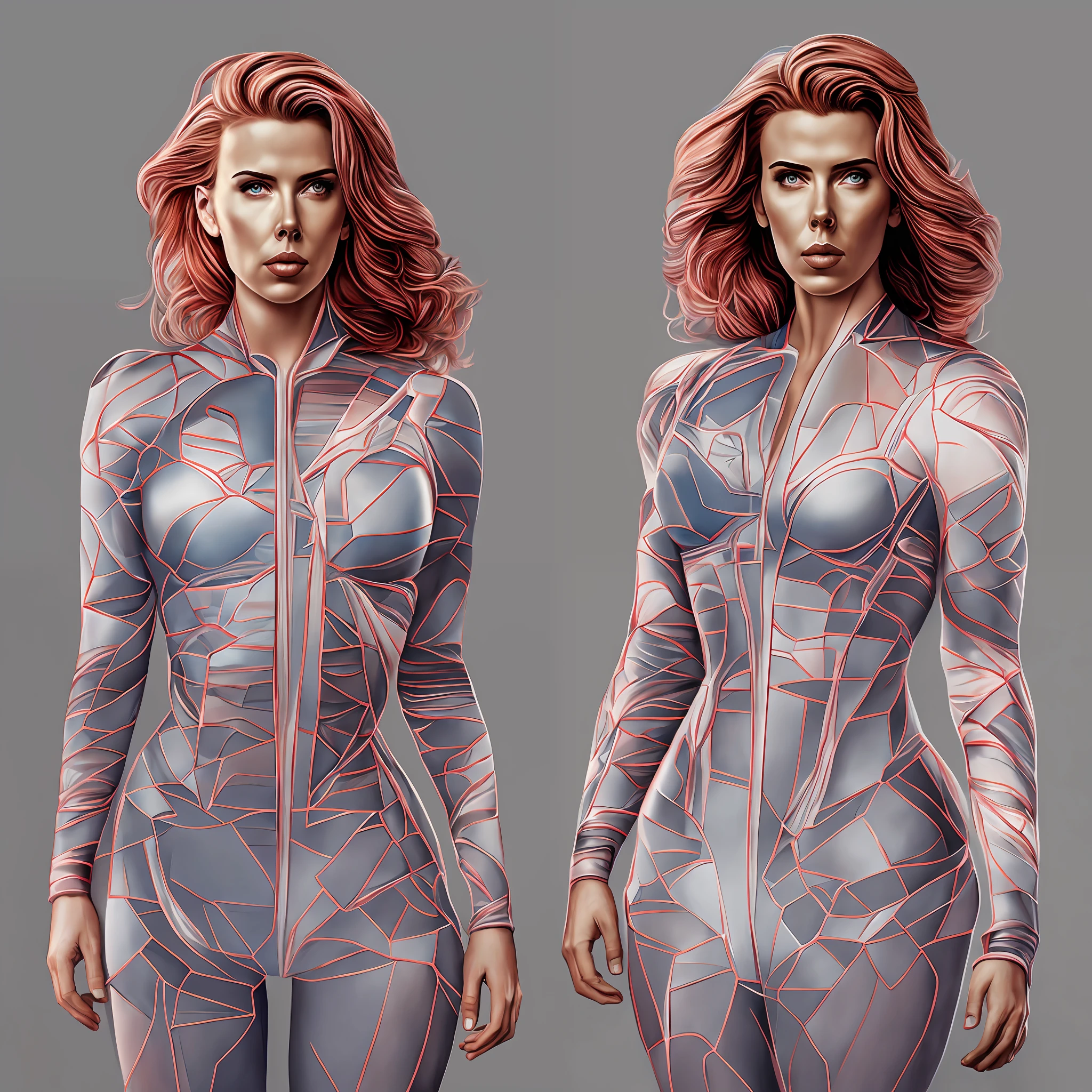 Front view of a Human body that is divided vertically in half, the left half of the divided body looks like the left half of Scarlett Johansson body, the right half of the divided body looks like Chris Evans body, photorealistic.