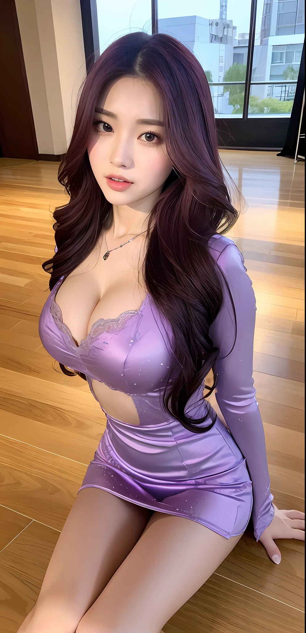 (Best quality, high resolution, masterpiece: 1.3), a tall beautiful woman, cute Korean female singer, slender abs, loose wavy purple hair, large breasts, cleavage, wearing a pendant, gorgeous and exquisite performance costume, (background is a night hotel panoramic floor-to-ceiling windows), beautifully presented details of face and skin texture, detailed eyes, double eyelids, open umbilicus, lying with open legs, overhead shot,