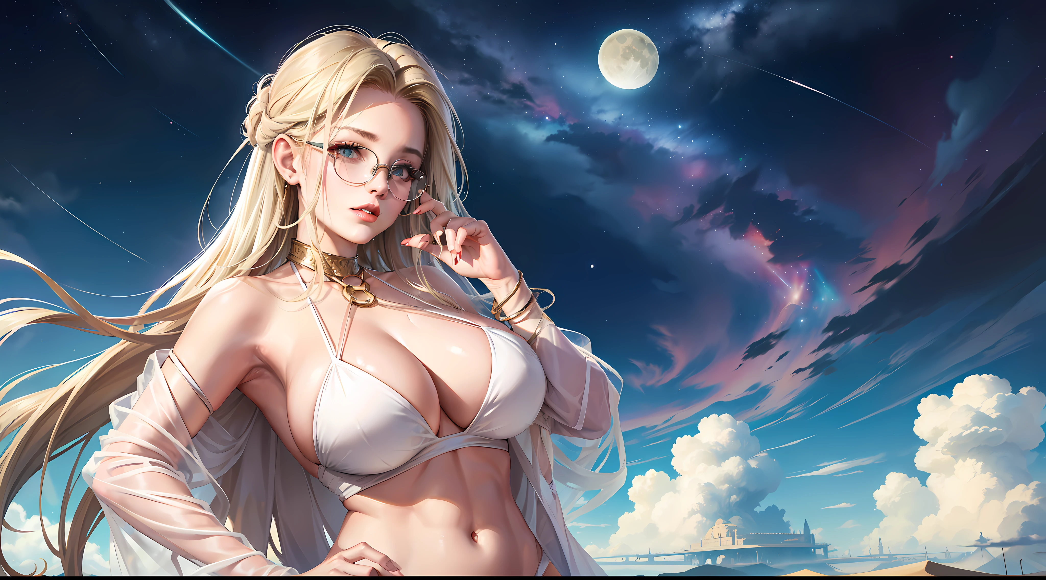 1 girl, ig model, looking far away, hand in her hair, glasses, lewd face, sexy, cleavage, blonde hair, brunette, green eyes, red lips, green collar, white bikini, white skirt, white panties, white bra, thigh highs, arm band, armpits, large breasts, wide hips, thick thighs, muscles, abs, no teeth, beautiful face, realistic, ray traced, beautiful eyes, red lipstick, desert, sand, night, stars, moon, clouds