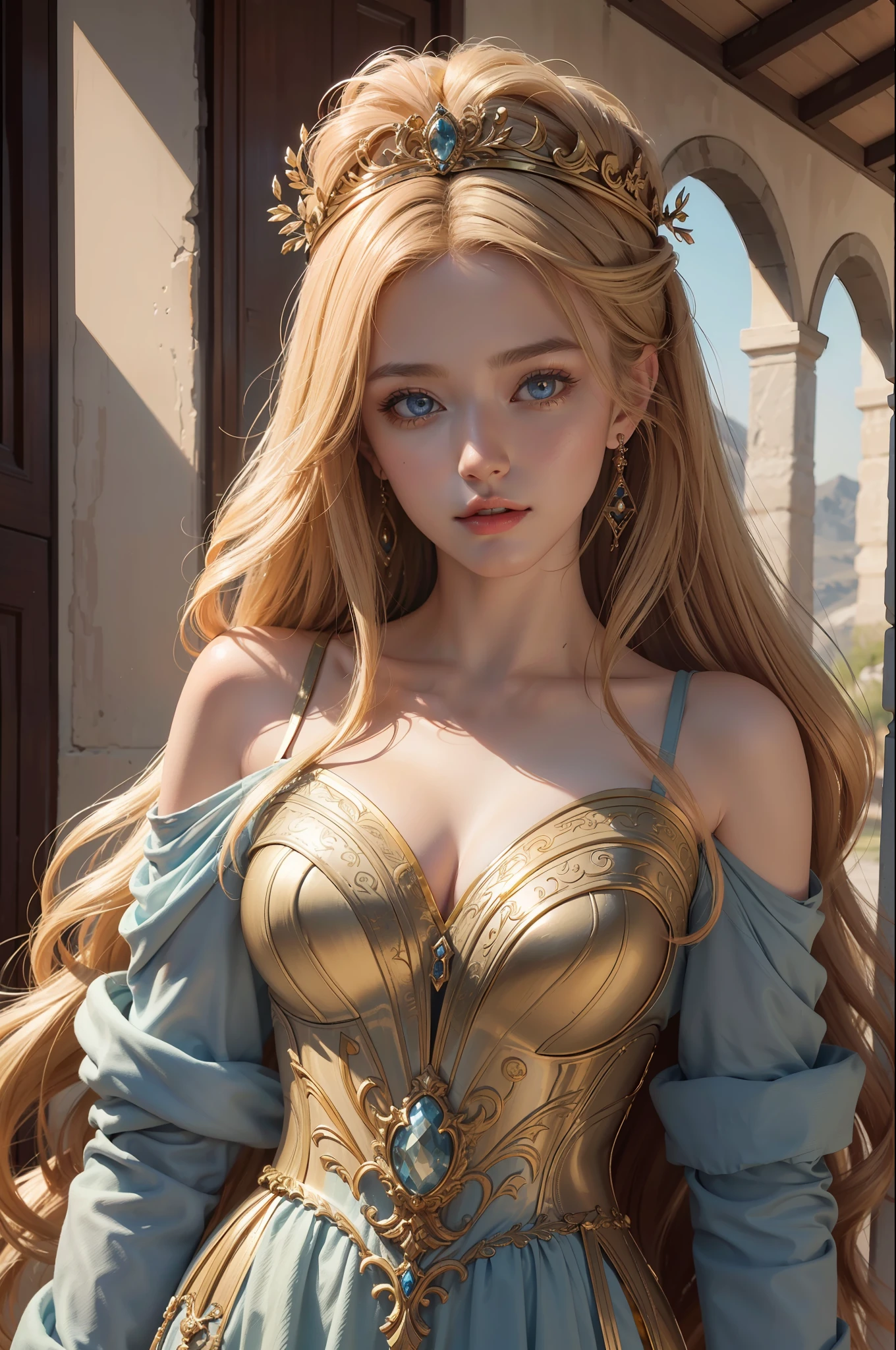 ( Absurd, High quality, ultra-detailed, masterpiece, concept art, smooth, highly detailed artwork, hyper-realistic painting )beautiful eyes(eyes detailed), Greek mythology, Helen of Sparta, princess Helen, the most beautiful woman in the world, beauty was extraordinary, enchanting, with radiant features and a flawless complexion, lovely, mesmerizing eyes that held a magnetic charm, drawing people towards her, Golden hair color, cascading down her shoulders in waves, her beauty became a source of conflict and tragedy, Whole body