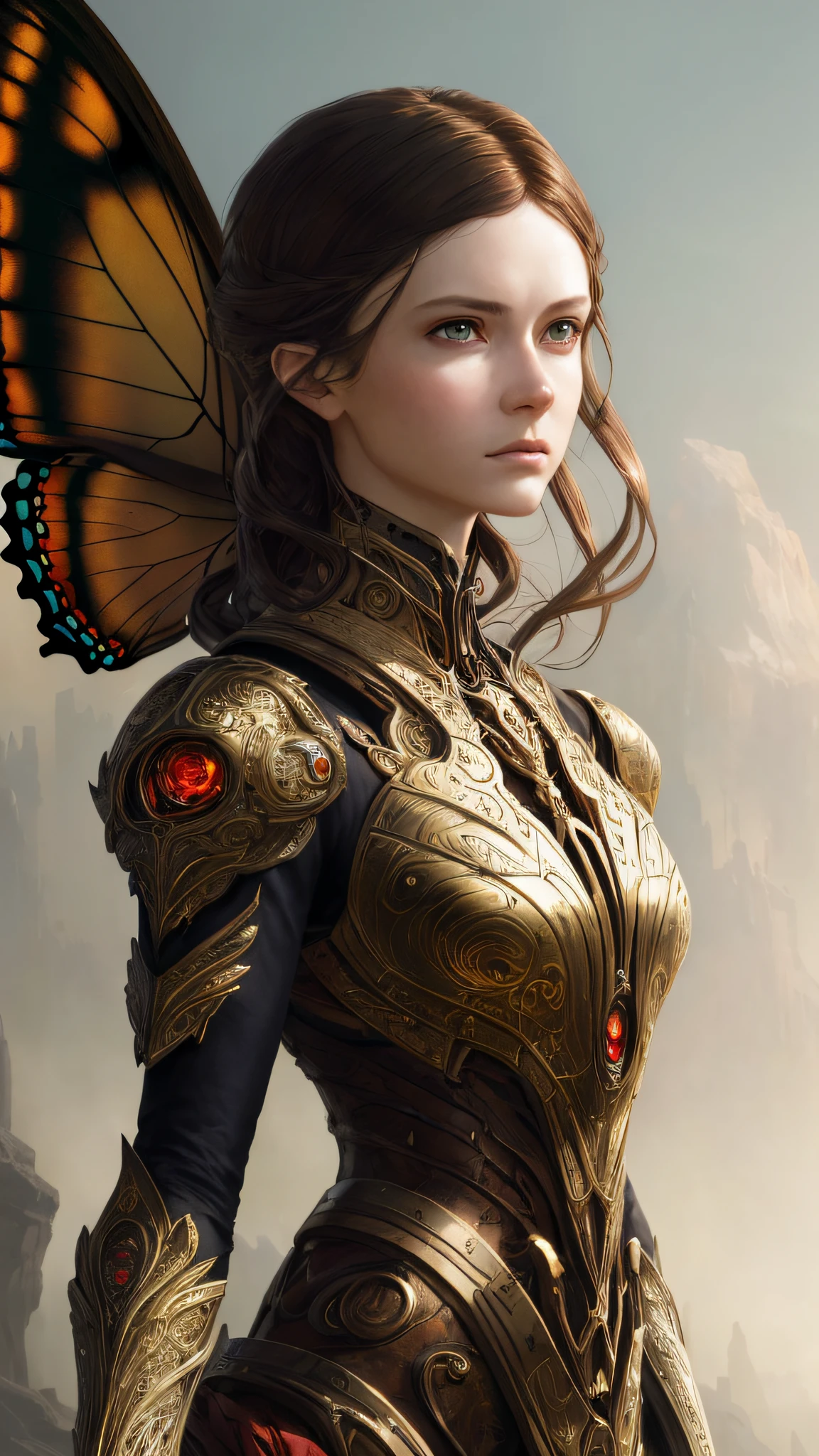 (detailed CG 8k wallpaper, masterpiece, best quality), artgerm and Ruan Jia and Greg Rutkowski surrealist painting style, brown hair, intricate elegance, majestic detail, super artistic portrait of a beautiful cyborg, redazine butterfly filigree and broken glass resonance, side light, beautiful eyes (1.2), human development and future report.