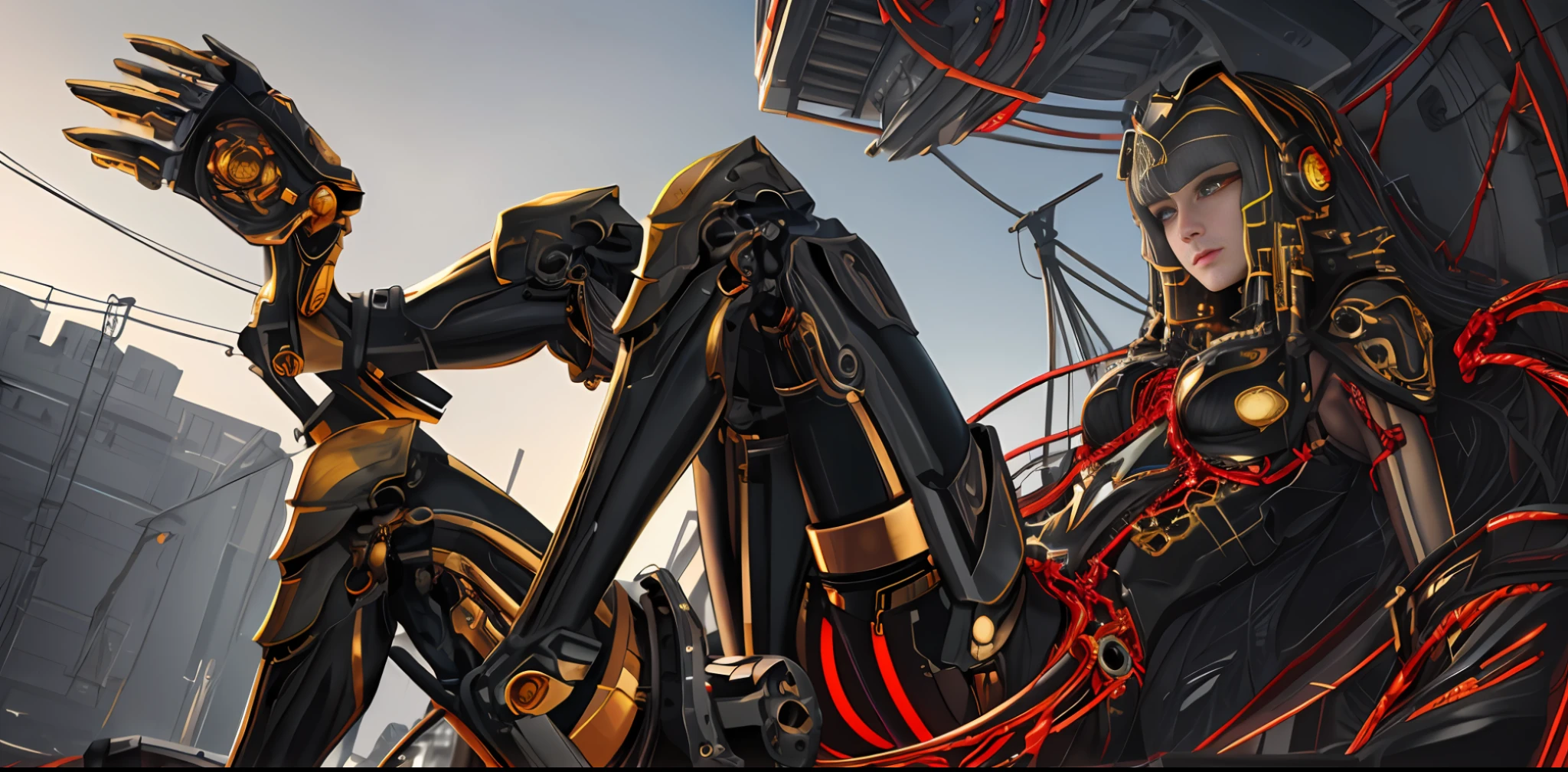 1 mechanical girl, ((ultra-realistic details)), portrait, global illumination, shadows, octane rendering, 8k, super sharp, metallic, complex, ornamental detailed, cool colors, Egyptian details, highly complex details, realistic light, CGsociety trends, glowing eyes, facing camera, neon details, mechanical limbs, blood vessels attached to tubes, mechanical vertebrae attached to the back, mechanical cervical vertebrae attached to the neck, sitting, wires and cables attached to the head, (gold), (stockings heel), (Red), (Black)