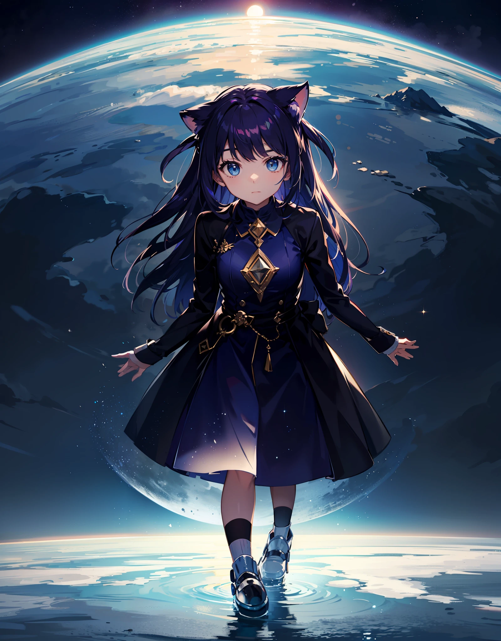 "Standing on water, space, moon."
(water:1.3, space:1.2, moon:1.1),floating serene or dynamic,high resolution,dynamic angle or pose,[blue eyes+silver hair+red hair+purple hair+yellow hair+green hair], black outfit or white outfit, beautiful or handsome or both, serene or dramatic clouds or fog, twilight or dawn, beautiful or epic or both.