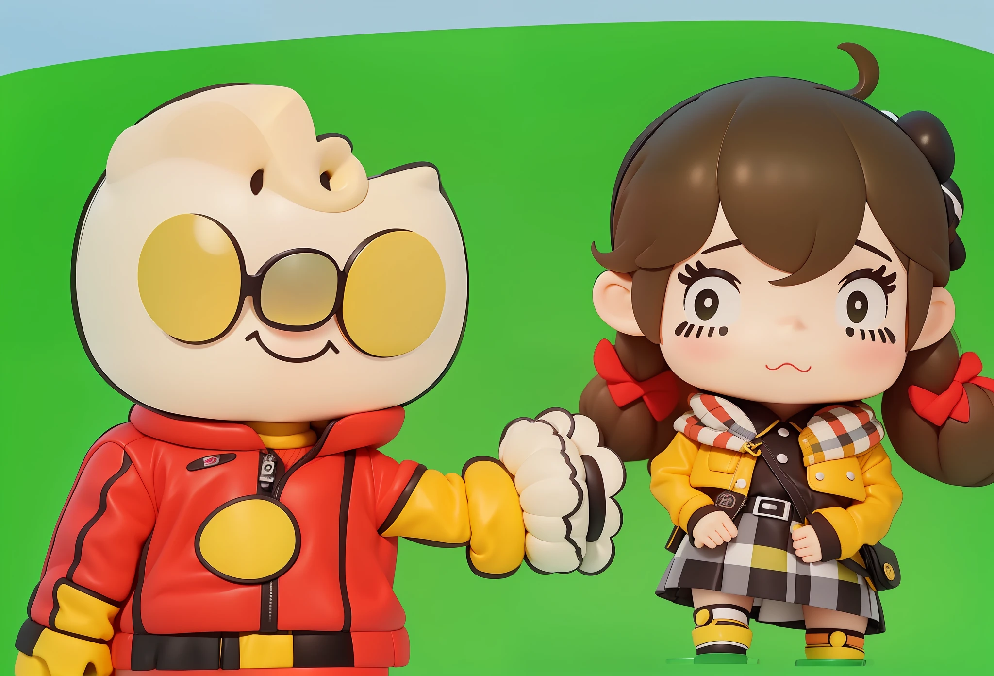 Cute double ponytail girl brown dull fur yellow beret sunglasses on top of berets yellow coat yellow socks black and white gray plaid skirt green sneakers D cups Meet Anpanman