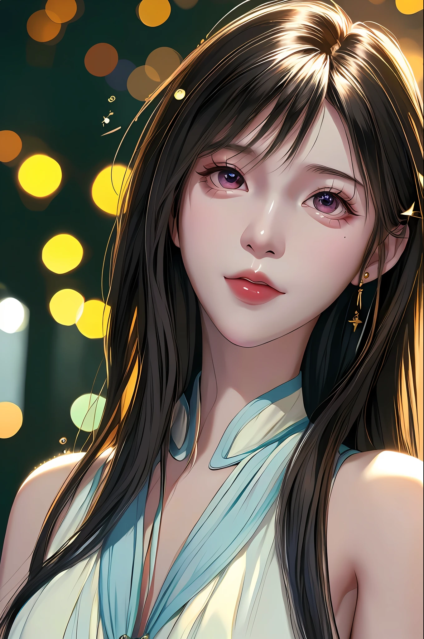(8K, Best Quality, Masterpiece: 1.2), (Realistic, Realistic: 1.37), Super Detailed, Best Quality, Ultra High Resolution, Professional Lighting, Photon Mapping, Teleportion, Physically Based Rendering, Film Lighting, Pedestrian Street, Rainy Depth of Field, Clear Focus, Sunlight, Good Composition, (Bokeh: 1.2) 1girl, Solo, (Close Up View), Beautiful Detailed Eyes, Smiley Face, Pose, Narrow Waist, Mid-Chest, (Random colorful clothes ), black hair, messy hair, long hair fluttering in the wind, (ulzzang-6500:1.2)
