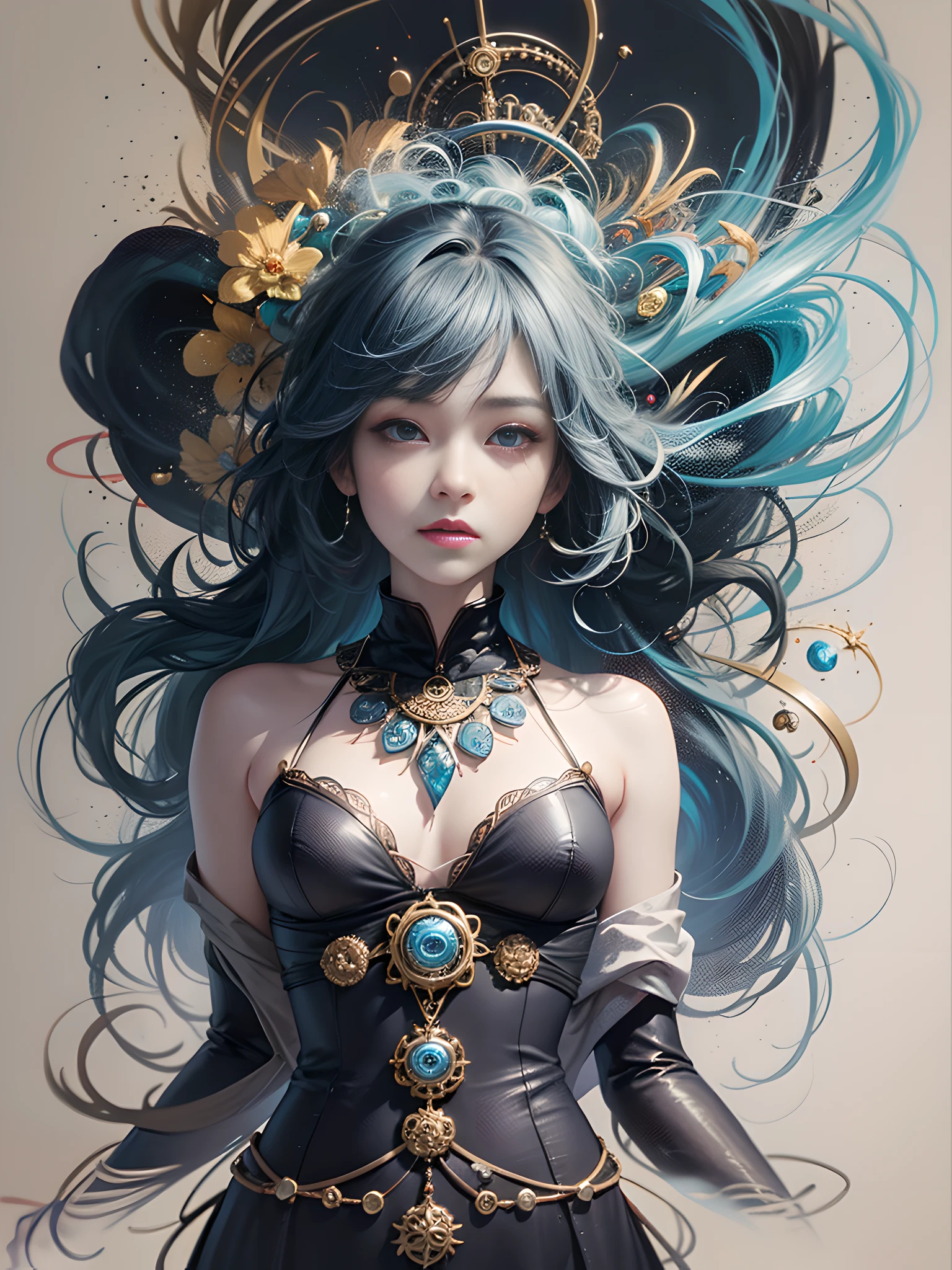 Official Art, Unity 8k Wallpapers, Ultra Detailed, Beautiful and Aesthetic, Masterpiece, Best Quality, (Zentangle, Mandala, Tangled, Entangle), (Fractal Art: 1.3), 1girl, Very Detailed, Dynamic Angle, Cowboyshot, Most Beautiful Forms Chaotic, Elegant, Fauvist Design, Bright Colors, Romanticism, James Jean, Robbie Devi Antono, Ross Tran, Francis Bacon, Michal Mlaz, Adrian Ganey, Petra Kotwright, Gerhard Richter, Takashi Yamamoto, Ashley Wood, atmospheric, ecstatic notes, flow notes visible, (black silk), (whole body),