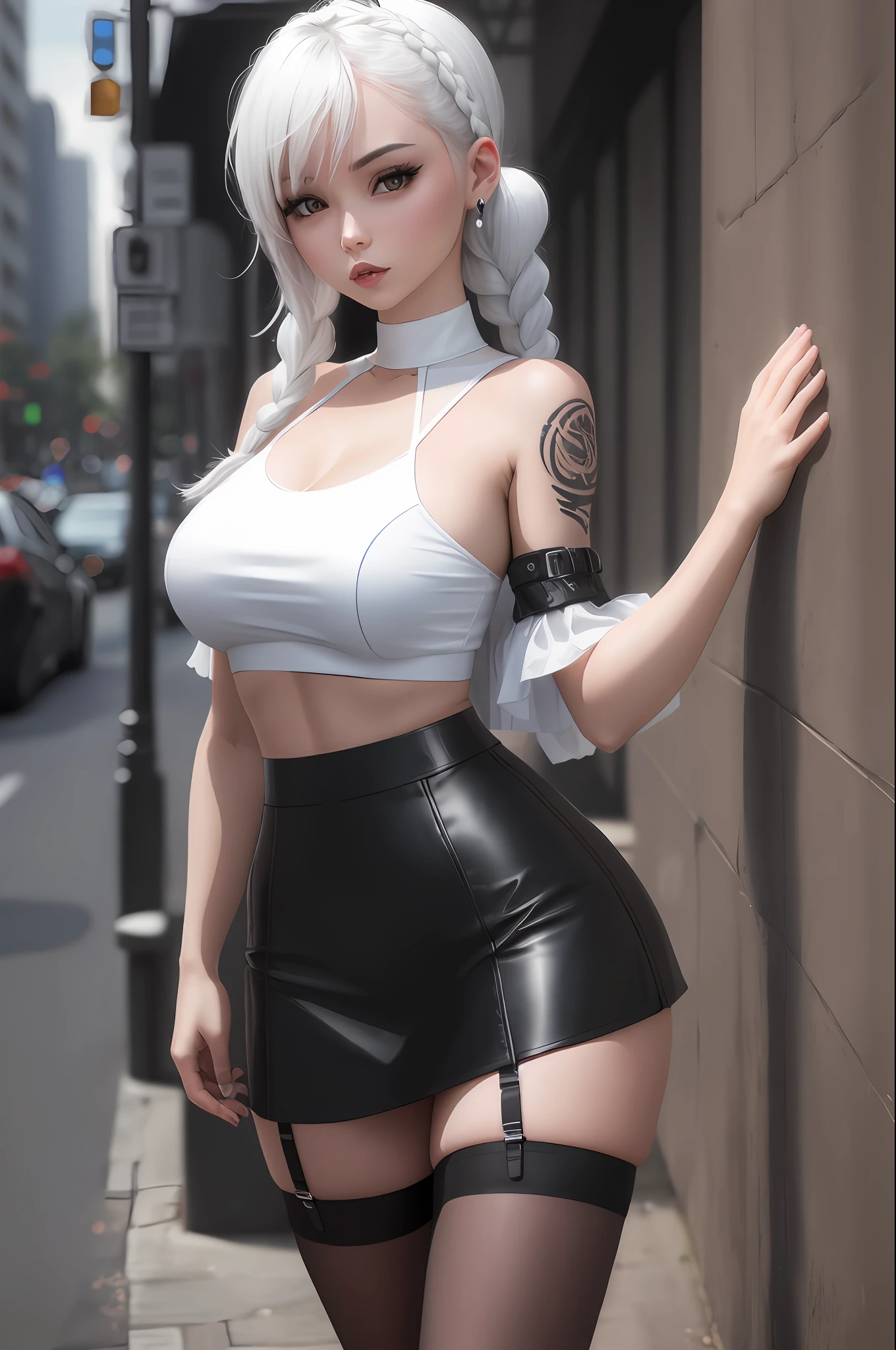Riverside Girl, (White Cropped Top: 1.2),, Black and Blue Leather, Tattoo,, Short Skirt,Large Breasts, Stockings,Super Fine,Super Sharp, Long Russet Hair Braided, 8k,(Very detailed: 1.5), Full Body Photo, 20 megapixels, Canon EOS R3, Delicate skin, Pale skin