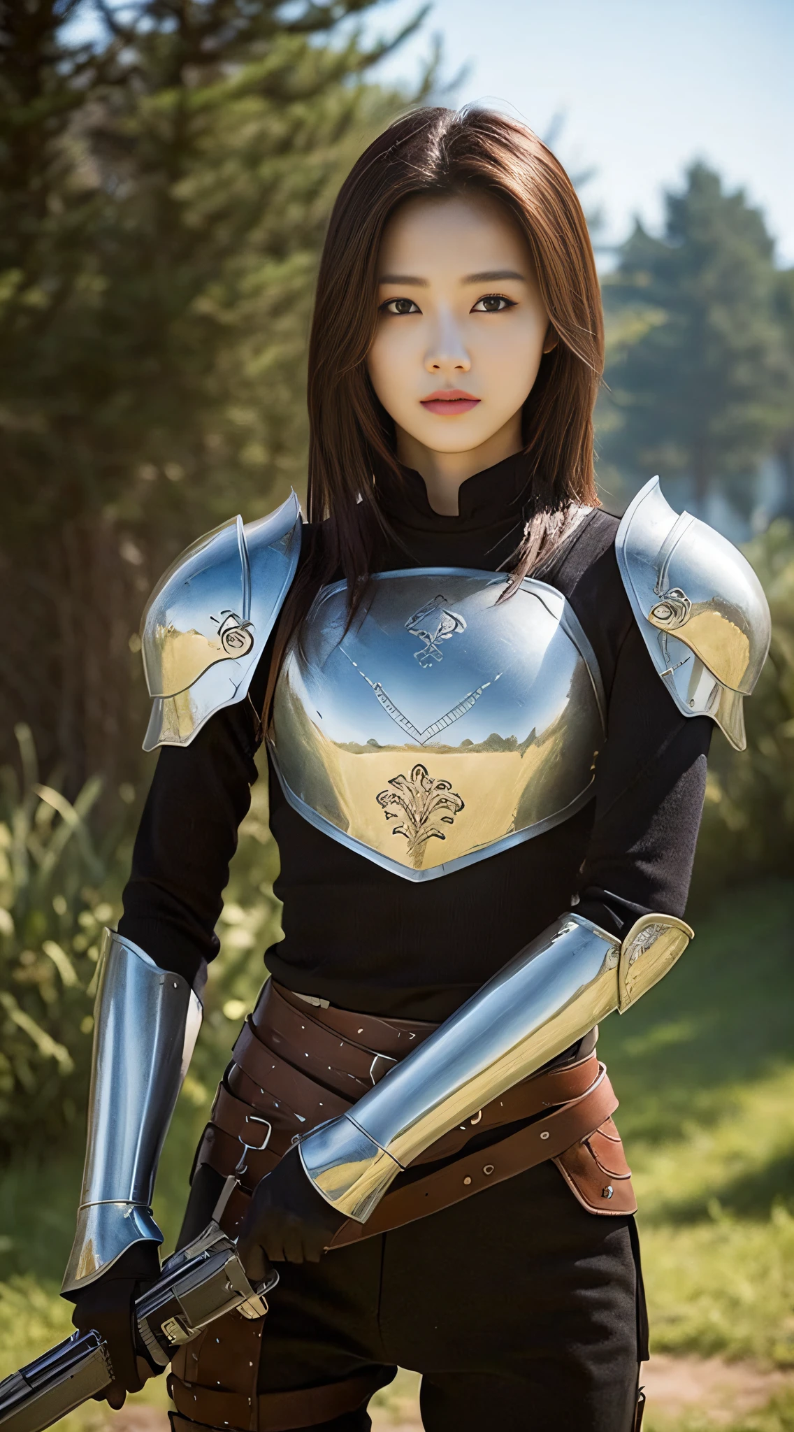 Masterpiece, best quality, realistic, 1 girl, armor, with a gun,