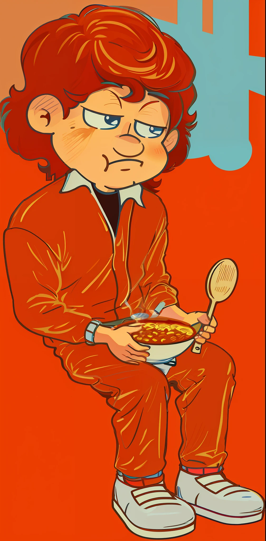 cartoon of a man sitting on a toilet with a bowl of cereal, eating spaghetti from a bowl, harry volk clip art style, cereal mascot, eating spaghetti, in a red dish, overflowing with baked beans, digitally colored, mapo tofu cartoon, mom's spaghetti he's nervous, starving artist wearing overalls, fred flintstone eating tamales, sloppy