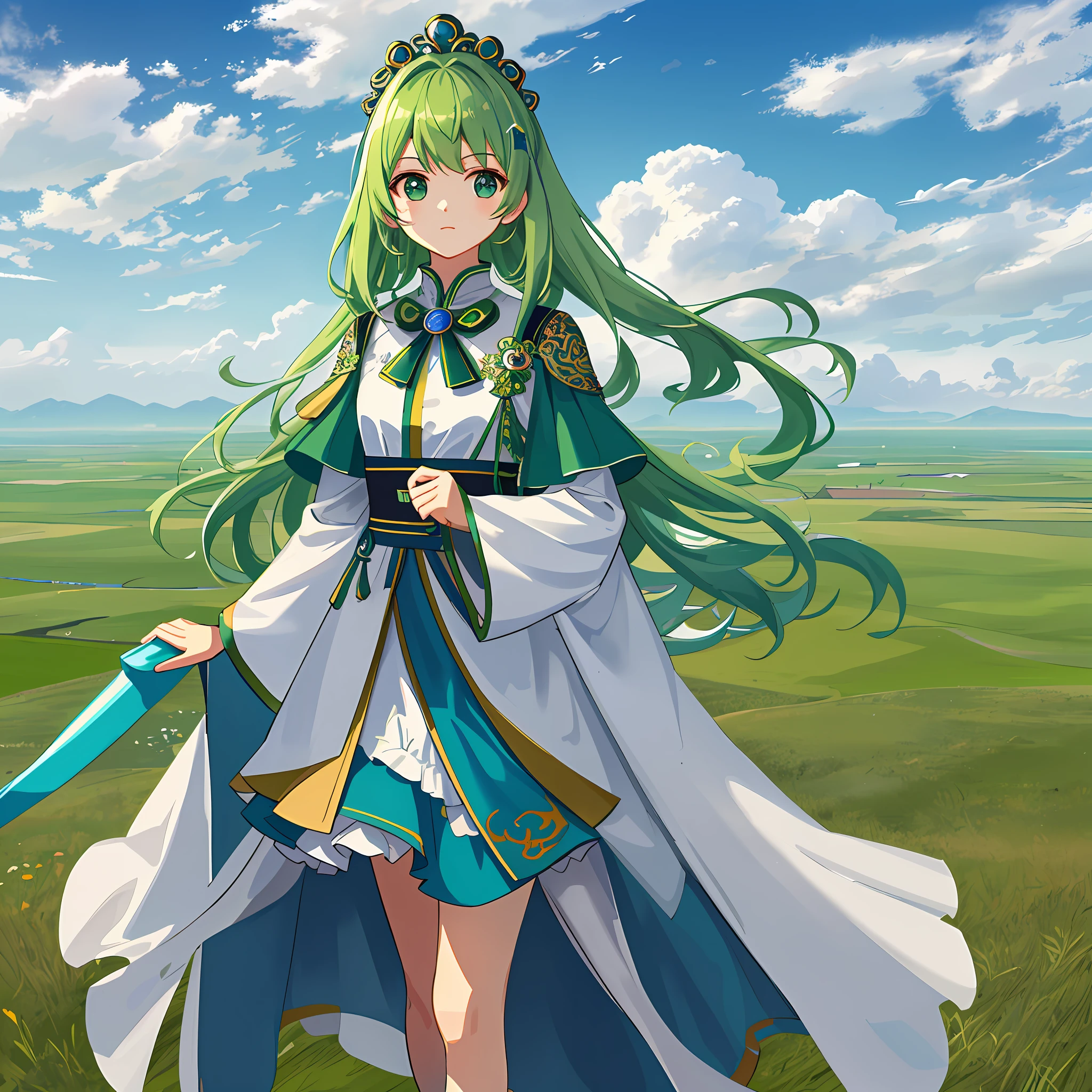 Masterpiece, ultra-detailed, highest quality, steppe god (cute, kawaii), electronic style, green hair, lots of clouds in the distance, standing on the steppe to see all living beings
