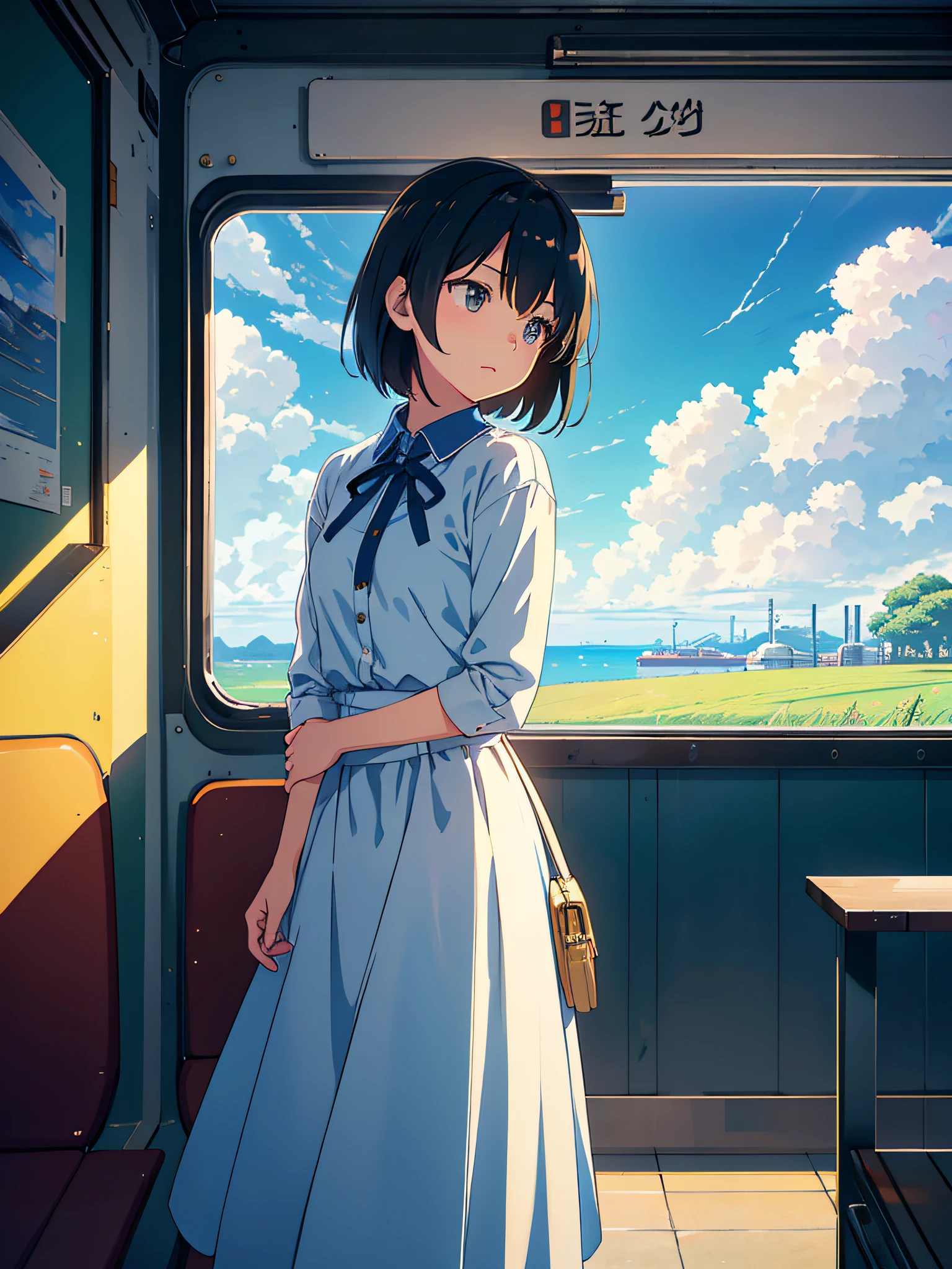 Train, a girl riding a train, looking out the window, big clouds, blue sky, grass, shade, secluded, tourist attractions, HD details, hyper-detail, cinematic, surrealism, soft light, deep field focus bokeh, ray tracing and surrealism, Miyazaki animation style. --v6