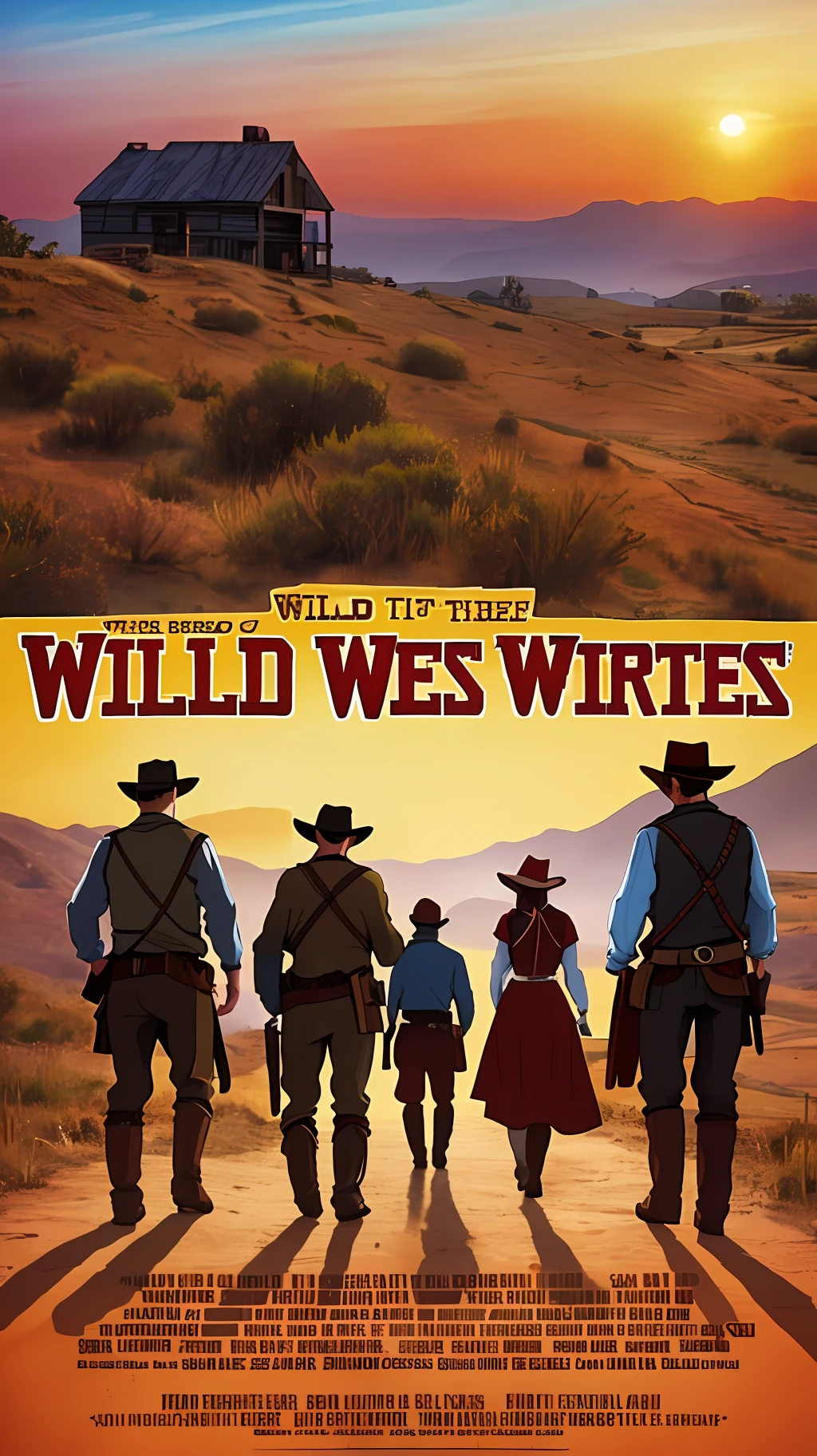Wild West, five people with their backs to the horizon, movie poster, Red Dead Remdeption