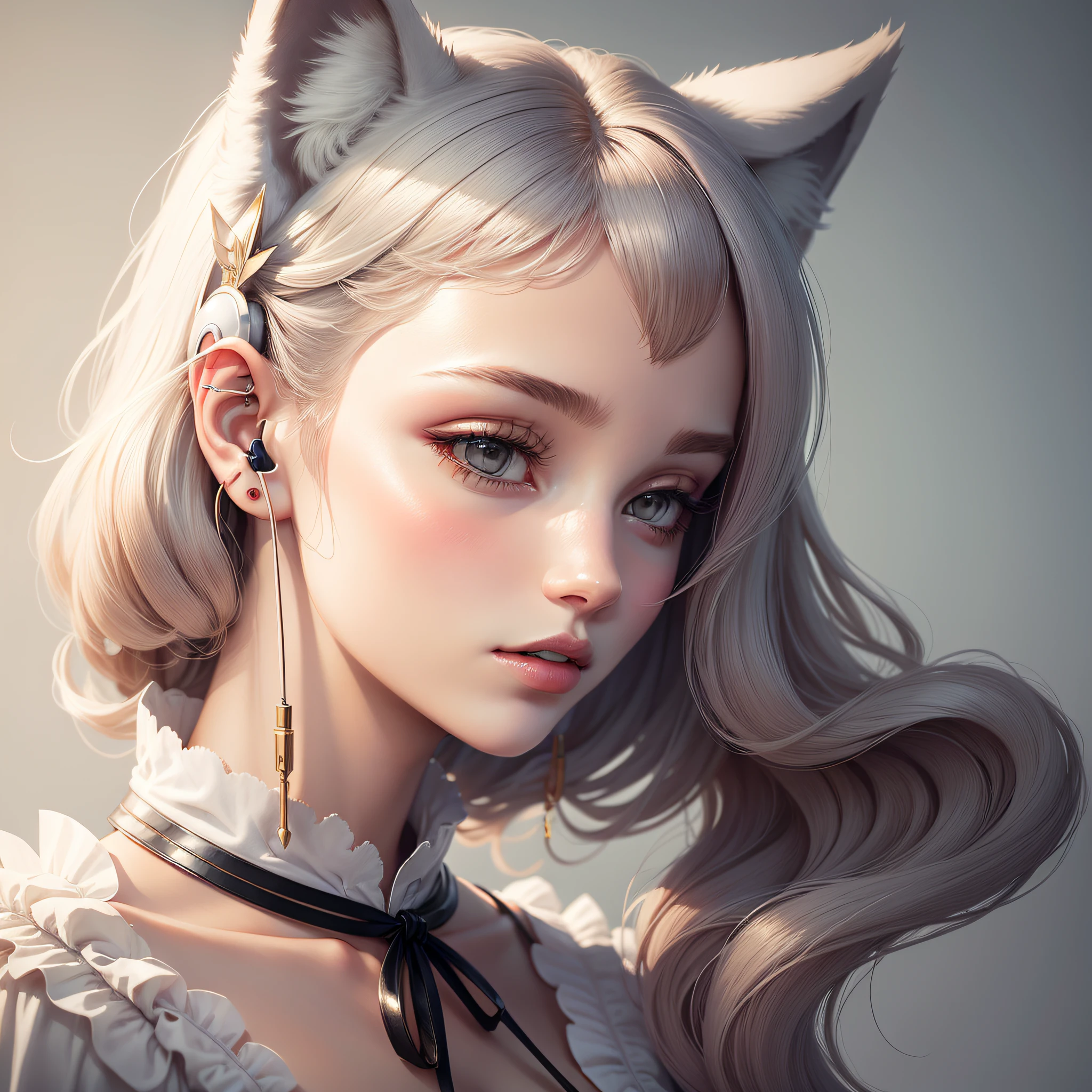 (super delicate), modern,(illustration),(wolf ears),(extremely delicate and beautiful),earphone,faux traditional media,