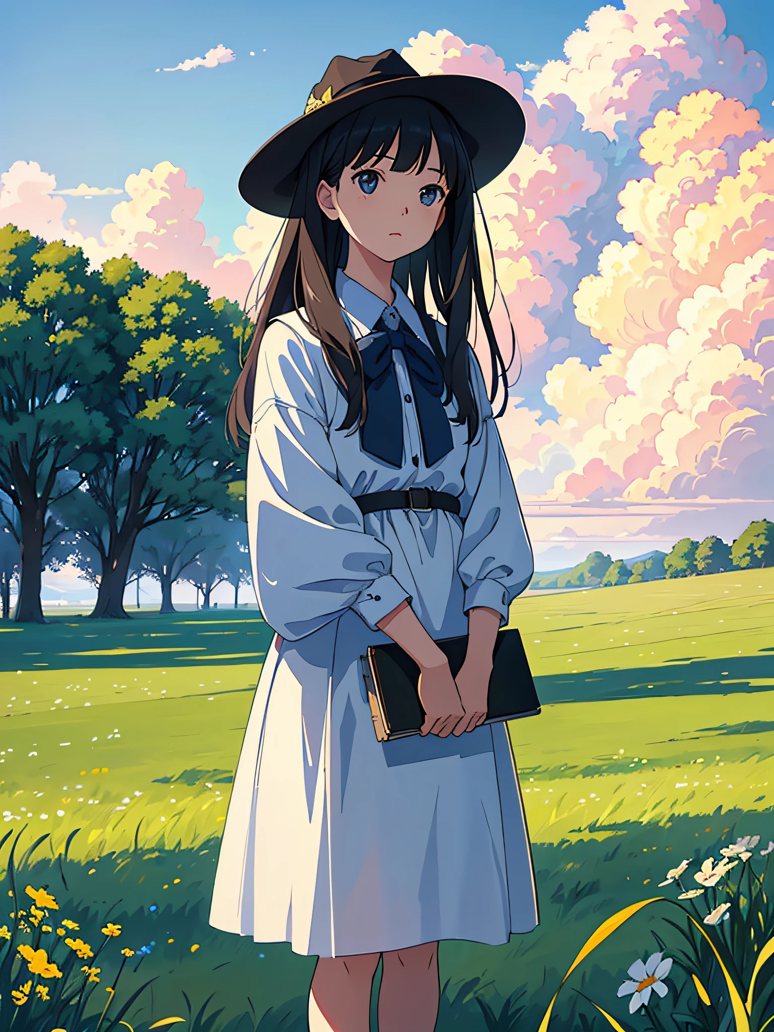 Prairie, a girl standing on the grass, drawing in front of a drawing board, big clouds, blue sky, grass, shade, secluded, tourist attractions, HD details, hyper-detail, cinematic, surrealism, soft light, deep field focus bokeh, ray tracing and surrealism, Miyazaki animation style. --v6