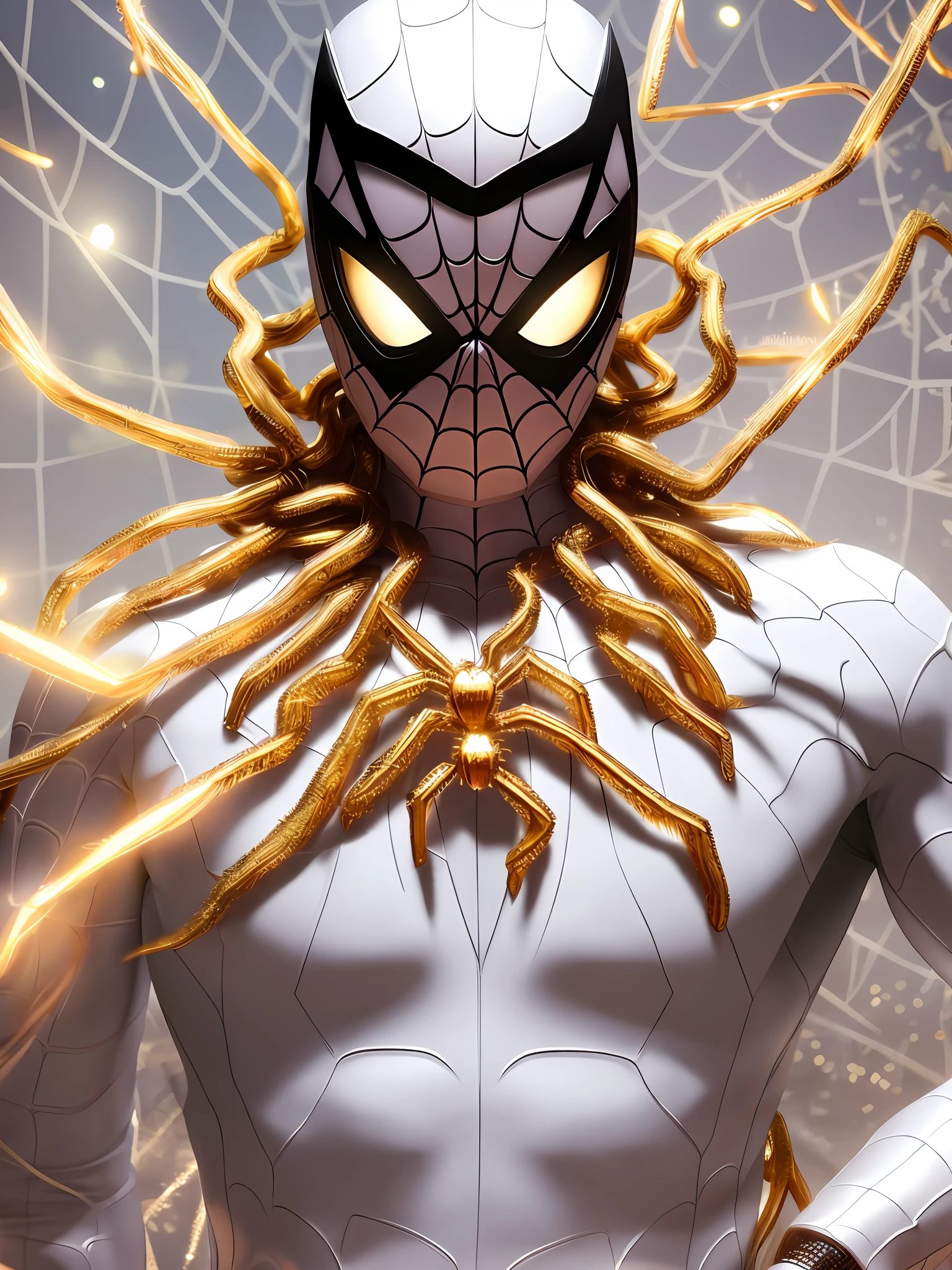 spider man in a white outfit with Golden spider in the center of his chest, organic looking outfit, gooey texture symbiote covering everything, white eyes, fine art, ps5 cinematic screenshot,highly detailed detailed cinematic rendering, ultra photorealistic raytricing, with cinematic lighting, futuristic, can action