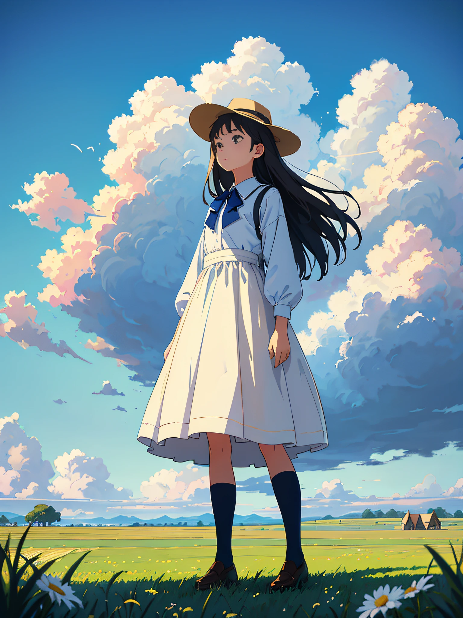 Prairie, a girl standing on the grass, drawing in front of a drawing board, big clouds, blue sky, grass, shade, secluded, tourist attractions, HD details, hyper-detail, cinematic, surrealism, soft light, deep field focus bokeh, ray tracing and surrealism, Miyazaki animation style. --v6