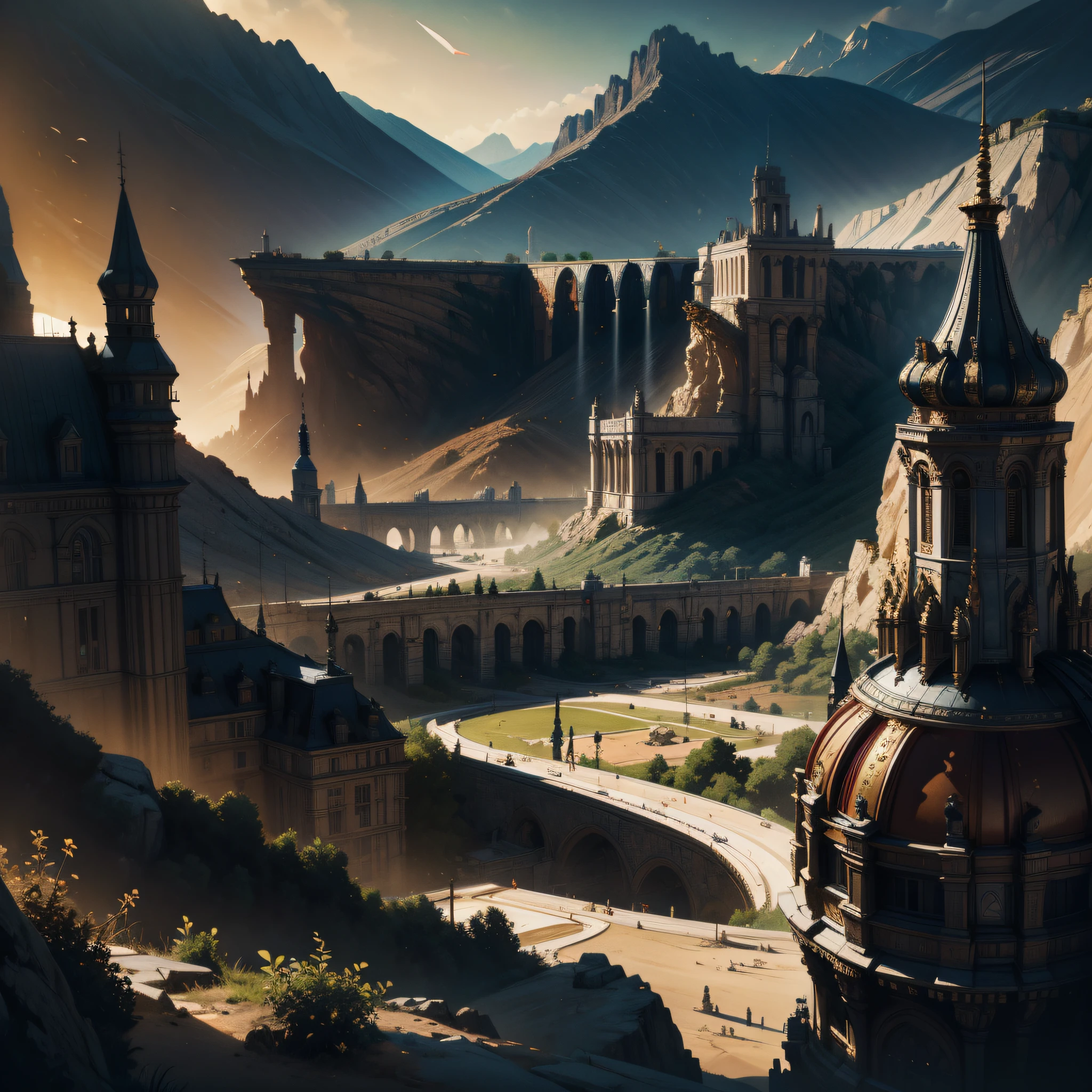 landscape with variety, Far-reaching, Refined and Ornate, in the style of Gaston Bussière, Nikolina Petolas and Syd Mead, 8k resolution