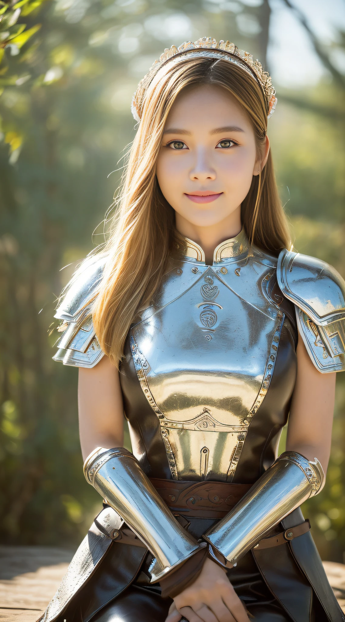 ((medium bSymmetrical, high-detail original color photo professional close-up, [ : (high-detail face: 1.2) : 0.1] , (PureErosFace v 1:0.8) , full body portrait, pores, leather, headband, fluttering hair, (blonde 0.4), antique headdress, hairpin, smile, affectionate eyes, Sparkling eyes, aesthetic sight, sitting in a flower, shadow, backlight, natural light, hazy lens, hard focus, film grain, shooting photo, portrait photo, zskuijia, chinese armor, sword, armor,