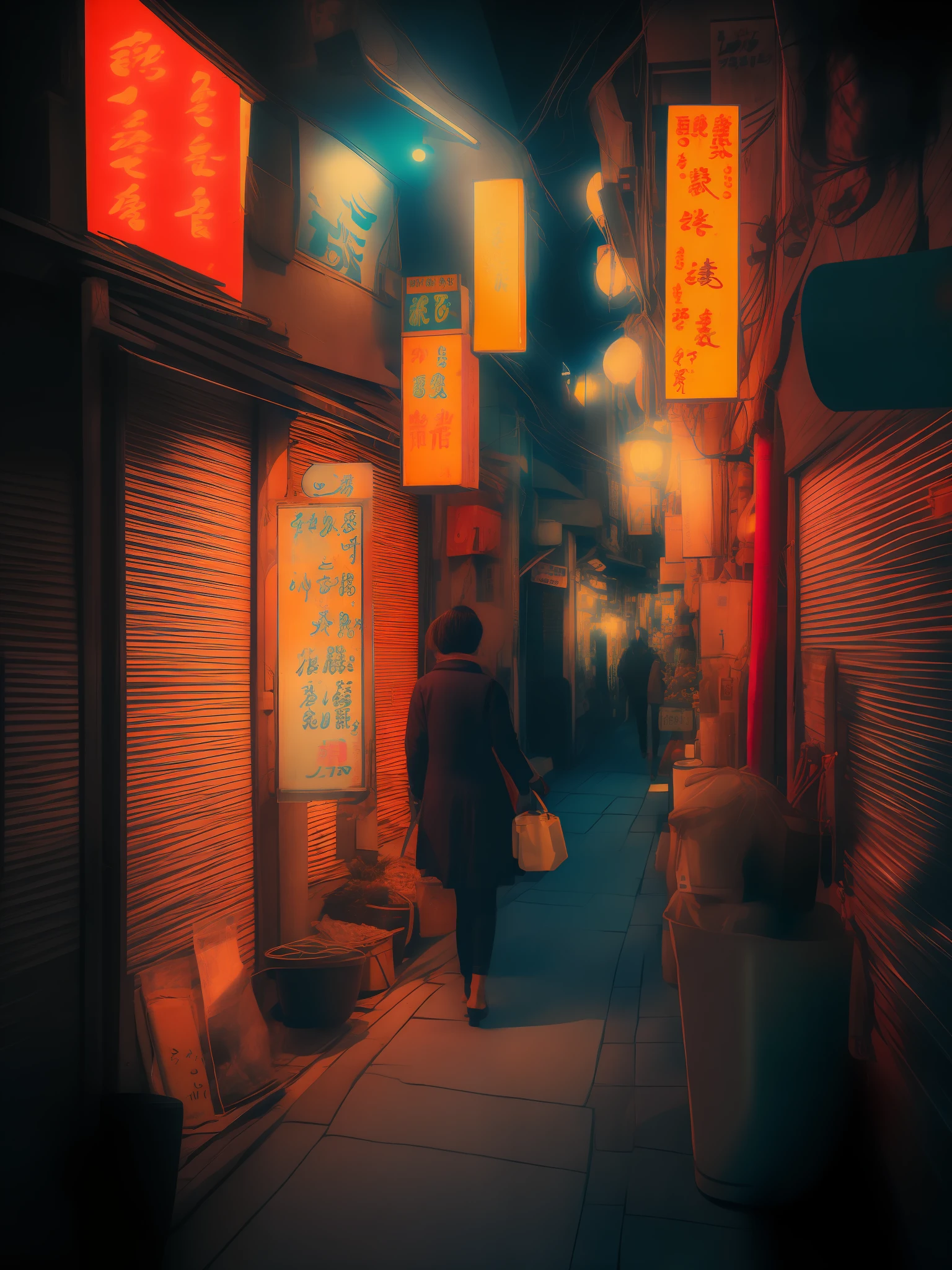 Woman walking on the street next to store, back alley