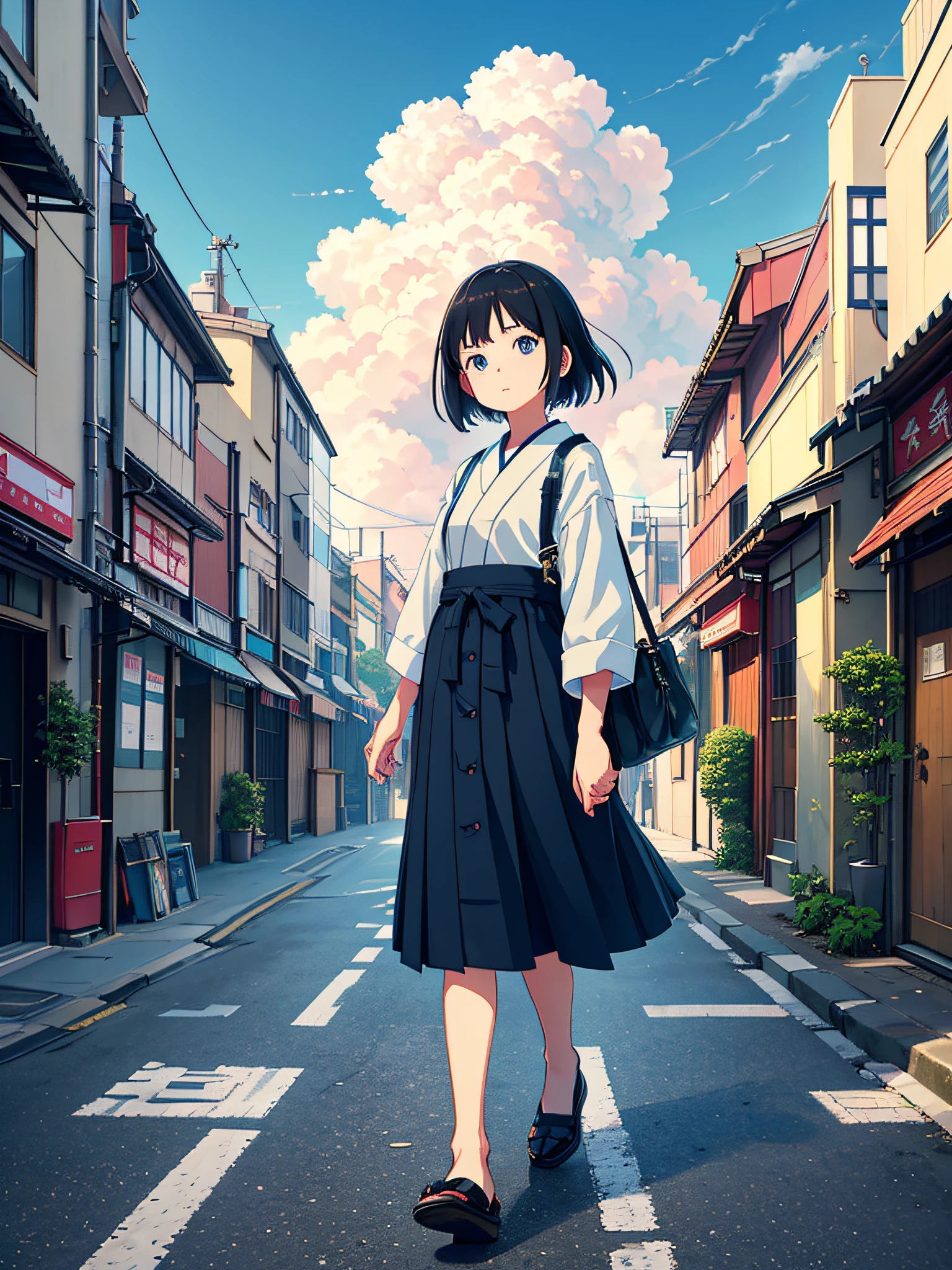 Street, a girl on the street in Japan, walking, big clouds, blue sky, city, street view, secluded, tourist attractions, HD details, hyper-detail, cinematic, surrealism, soft light, deep field focus bokeh, ray tracing and surrealism, Miyazaki animation style. --v6