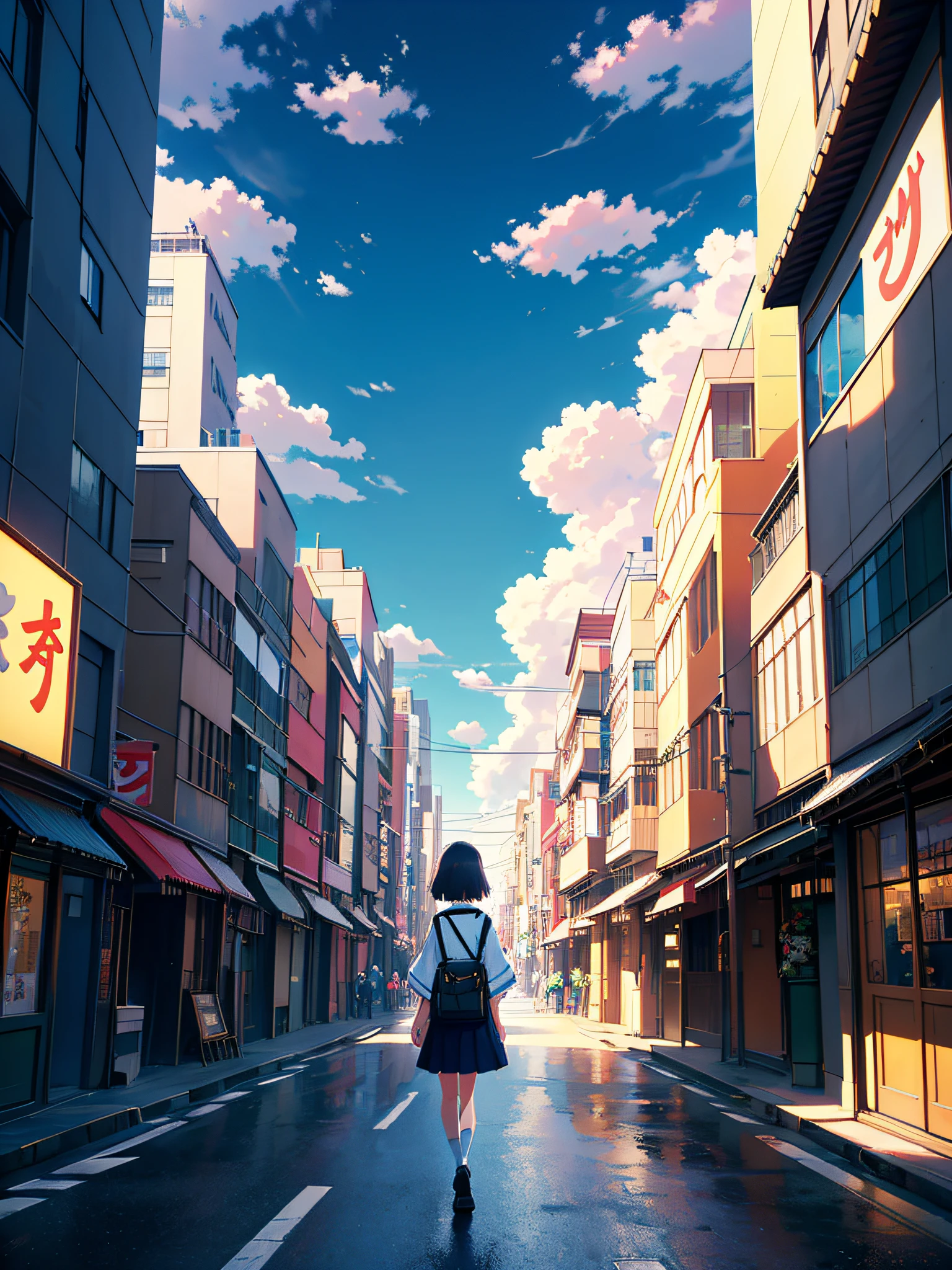 Street, a girl on the street in Japan, walking, big clouds, blue sky, city, street view, secluded, tourist attractions, HD details, hyper-detail, cinematic, surrealism, soft light, deep field focus bokeh, ray tracing and surrealism, Miyazaki animation style. --v6