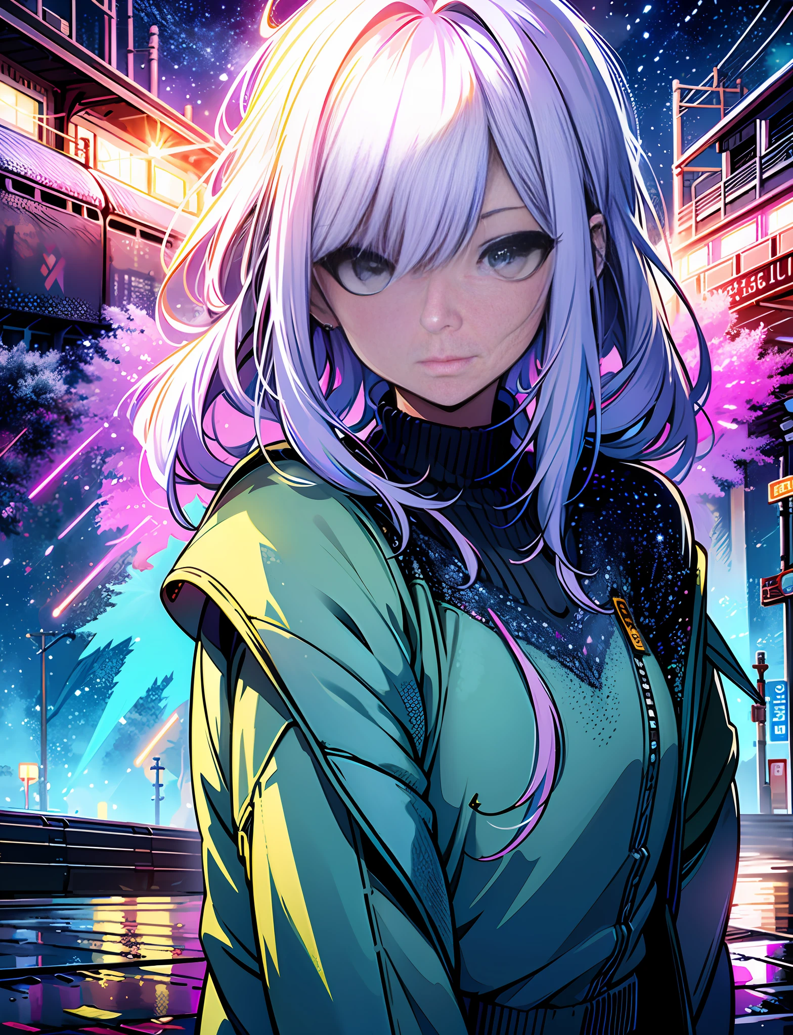 Perfect eyes, Portrait of a girl, Cool chic train on a wet road. ,neon lights, neon galaxies, huge crystal moon, starry sky,,, in love Hemp, leaf, marijuana, cannabis, ((illustration)), colorful, wallpaper, energy, secret, magical environment, omniscience, prediction of the future, understanding the past, frost magic, --v 6