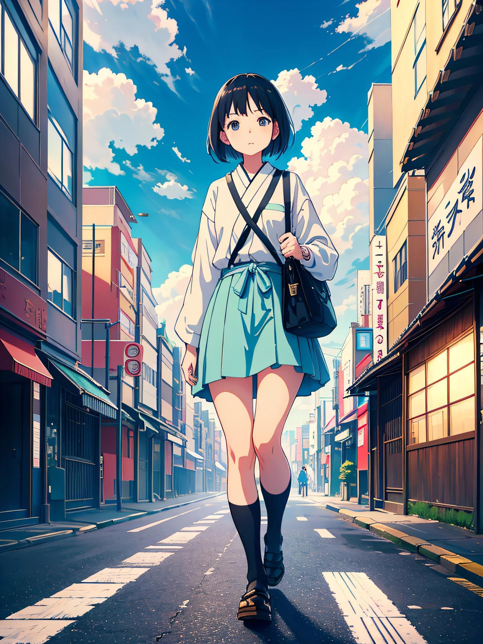 Street, a girl on the street in Japan, walking, big clouds, blue sky, city, street view, secluded, tourist attractions, HD details, hyper-detail, cinematic, surrealism, soft light, deep field focus bokeh, ray tracing and surrealism, Miyazaki animation style. --v6