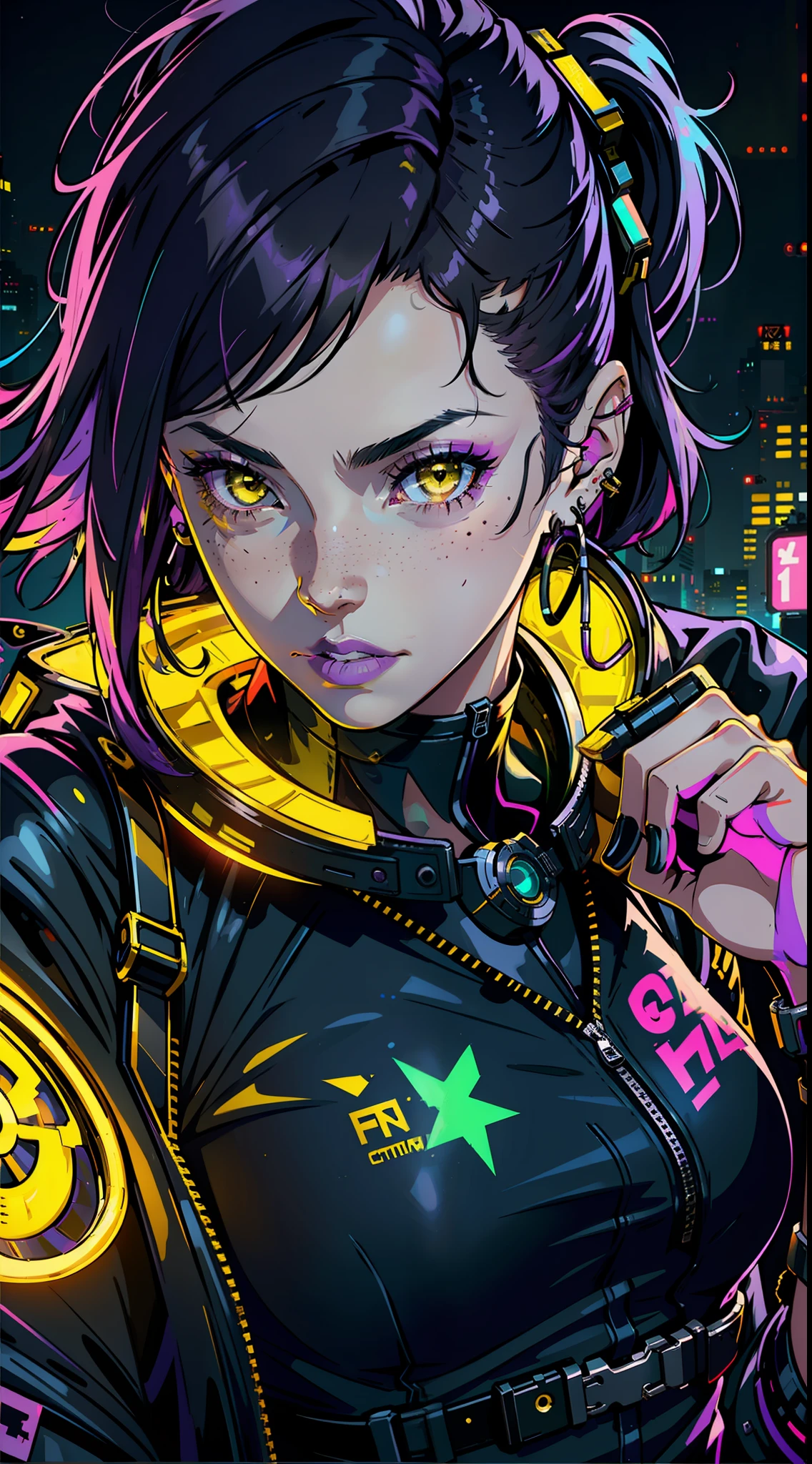 1girl,solo,colorful,yellow eyes,cyberpunk,city,peace sign,earrings,purple hair,eye patche,freckles,prothesis,mechanic,neon,beautiful lighting,purple reflection,cap,smoking,character focus,cg illustration,bust shot,yellow and black outfit,black hair,