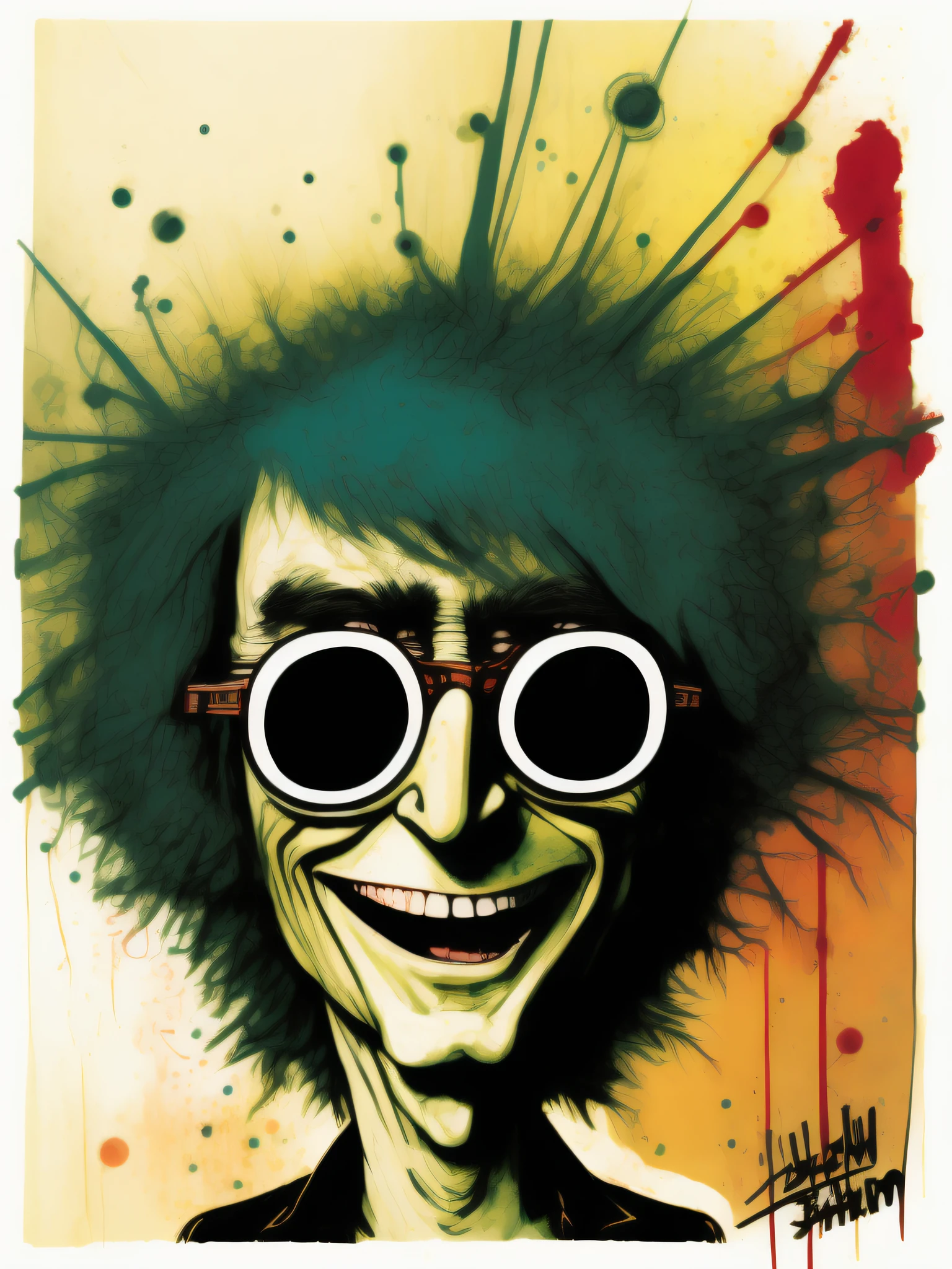a portrait of John Lennon smiling, electrifying caricature, emphasis on smile, by Ralph Steadman, Dr. Suess, Jenny Saville, Kandinsky, doodle, sketch, surrealist, psychedelic abstraction