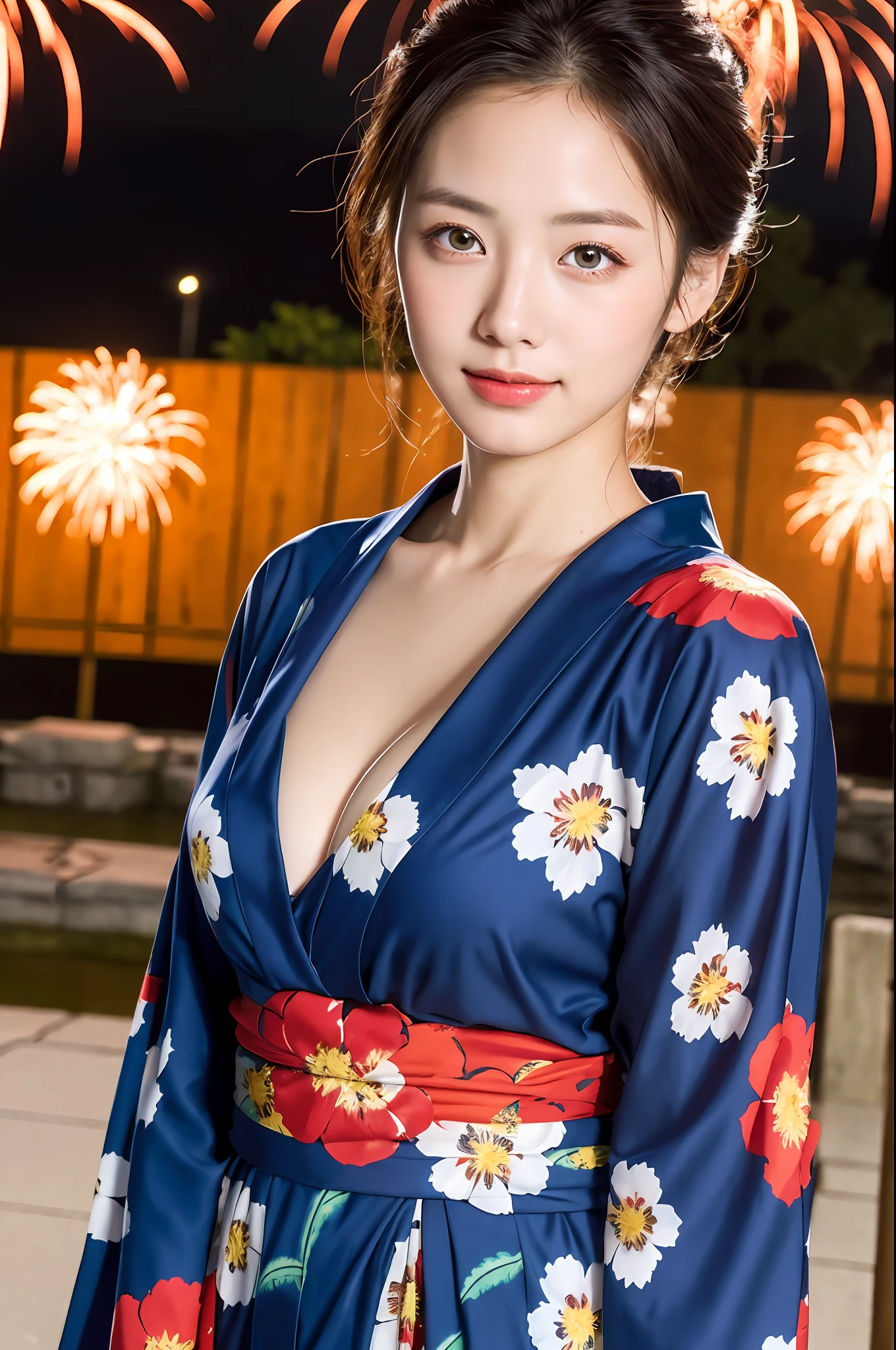 ((Masterpiece, highest quality, super definition, high resolution)), Solo, Beautiful Girl, Shining Eyes, Perfect Eyes, Beautiful Older Sister of Japan, Large Yukata, Cleavage, Yukata with Red Floral Pattern, Night Fireworks in the Background, High Quality, 4K.