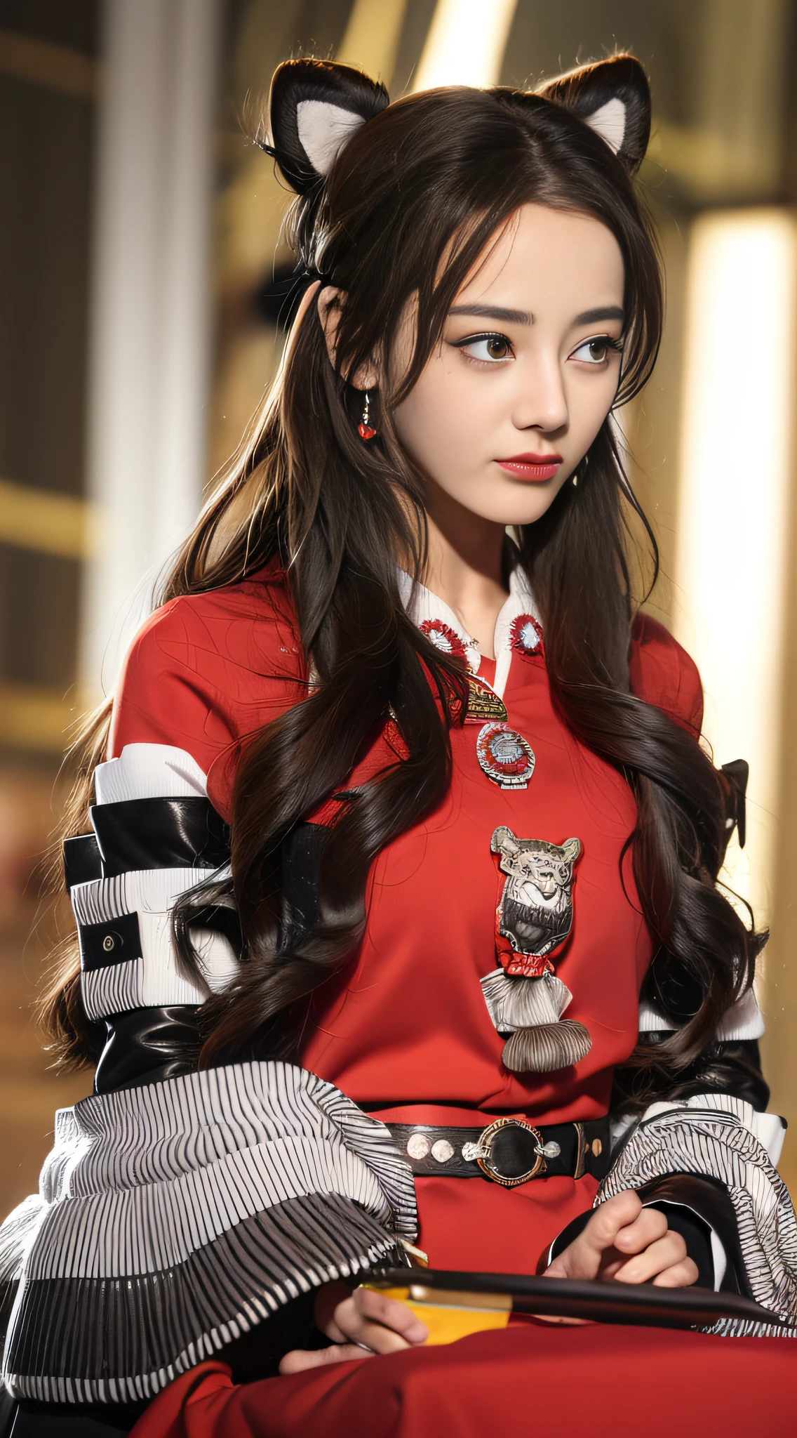 Masterpiece, Superb Piece, Hanfukozue, 1girl, Tiger, Brush, Long Hair, Bun, Bun, Holding Brush, Holding Brush, Hanfu, Hanfu, Brush, Bangs, Solo, Year of the Tiger, Black Hair, White Tiger, Jewelry, Long Sleeves, Holding, Sitting, Yellow Eyes, Bow, Necklace, Hair Accessories, Wide Sleeves, Red Bow, Blunt Bangs, Fur Trim, Closed Mouth, Ribbon, Dress, Shawl, Tassel, Animal Print, Red Ribbon, Animal, Extra Long Hair, Hands Up, Ink, Bow Tie, Coat, Headband, Zodiac Sign, rolling, looking at the audience, hair flower, side hair, earrings, brown hair, flower,