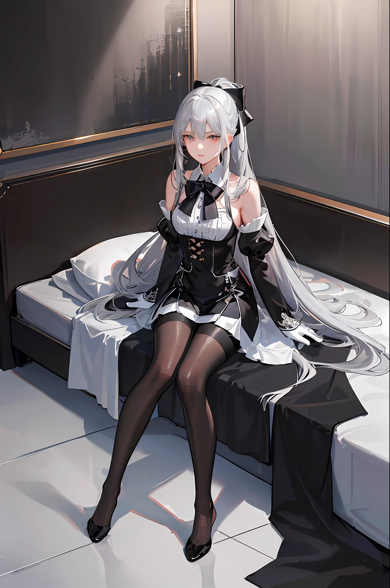 (((1 girl)),ray tracing,(dim lighting),[detailed background (bedroom)),((silver hair)),((silver hair)),(Fluffy silver hair, plump slender girl)) with high ponytail)))) Avoid blonde eyes in the ominous bedroom ((((Girl wears intricately embroidered black high-waisted pants with pantyhose) and white ruffled bow gloves), showing a delicate slim figure and graceful curves, correct limbs, sitting on the bed