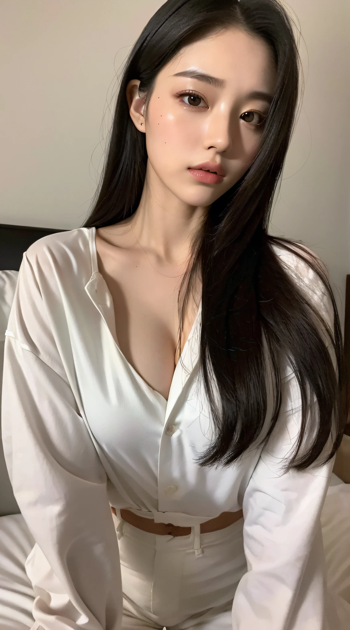 ((Top quality, 8k, Masterpiece: 1.3)), beauty, hidden face, 1 girl, beauty: 1.3, slender abs: 1.1, large men's shirt (loose: 1.4) exposed, full chest, long black hair, (kneeling on bed), ultra-detailed face, highly detailed lips, detailed eyes, double eyelids, strict head and body ratio: 1.5,