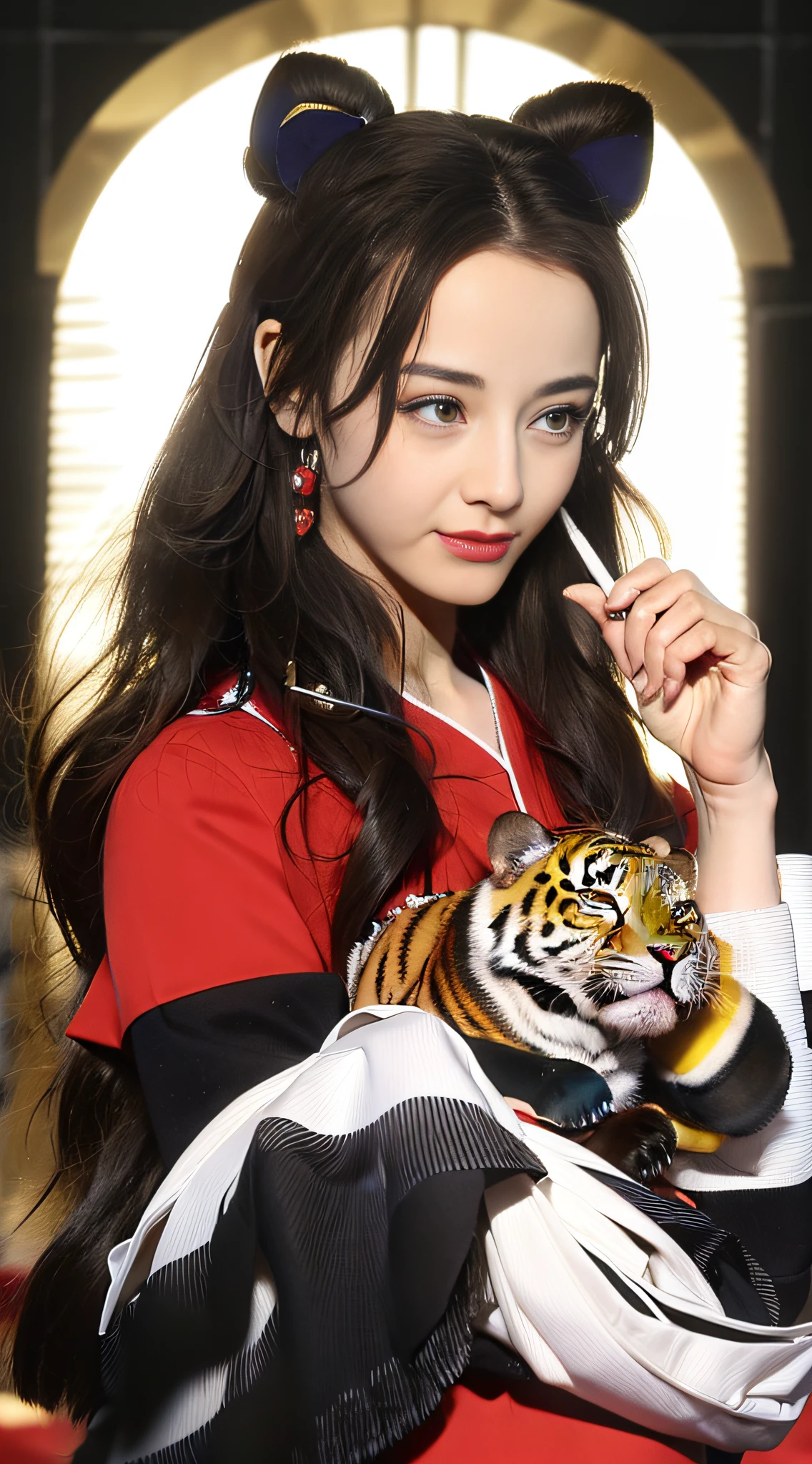 Masterpiece, Superb Piece, Hanfukozue, 1girl, Tiger, Brush, Long Hair, Bun, Bun, Holding Brush, Holding Brush, Hanfu, Hanfu, Brush, Bangs, Solo, Year of the Tiger, Black Hair, White Tiger, Jewelry, Long Sleeves, Holding, Sitting, Yellow Eyes, Bow, Necklace, Hair Accessories, Wide Sleeves, Red Bow, Blunt Bangs, Fur Trim, Closed Mouth, Ribbon, Dress, Shawl, Tassel, Animal Print, Red Ribbon, Animal, Extra Long Hair, Hands Up, Ink, Bow Tie, Coat, Headband, Zodiac Sign, rolling, looking at the audience, hair flower, side hair, earrings, brown hair, flower,