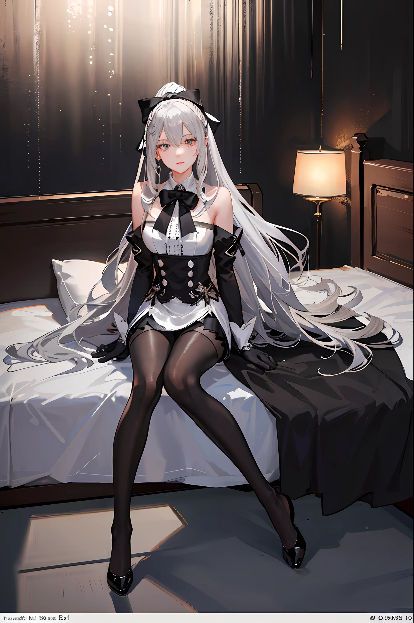 (((1 girl)),ray tracing,(dim lighting),[detailed background (bedroom)),((silver hair)),((silver hair)),(Fluffy silver hair, plump slender girl)) with high ponytail)))) Avoid blonde eyes in the ominous bedroom ((((Girl wears intricately embroidered black high-waisted pants with pantyhose) and white ruffled bow gloves), showing a delicate slim figure and graceful curves, correct limbs, sitting on the bed