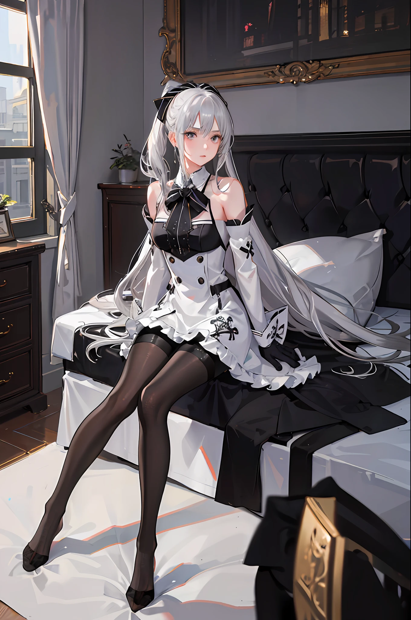 (((1 girl)),ray tracing,(dim lighting),[detailed background (bedroom)),((silver hair)),((silver hair)),(Fluffy silver hair, plump slender girl)) with high ponytail)))) Avoid blonde eyes in the ominous bedroom ((((Girl wears intricately embroidered black high-waisted pants with pantyhose) and white ruffled bow gloves), showing a delicate slim figure and graceful curves, correct limbs, sitting on the bed