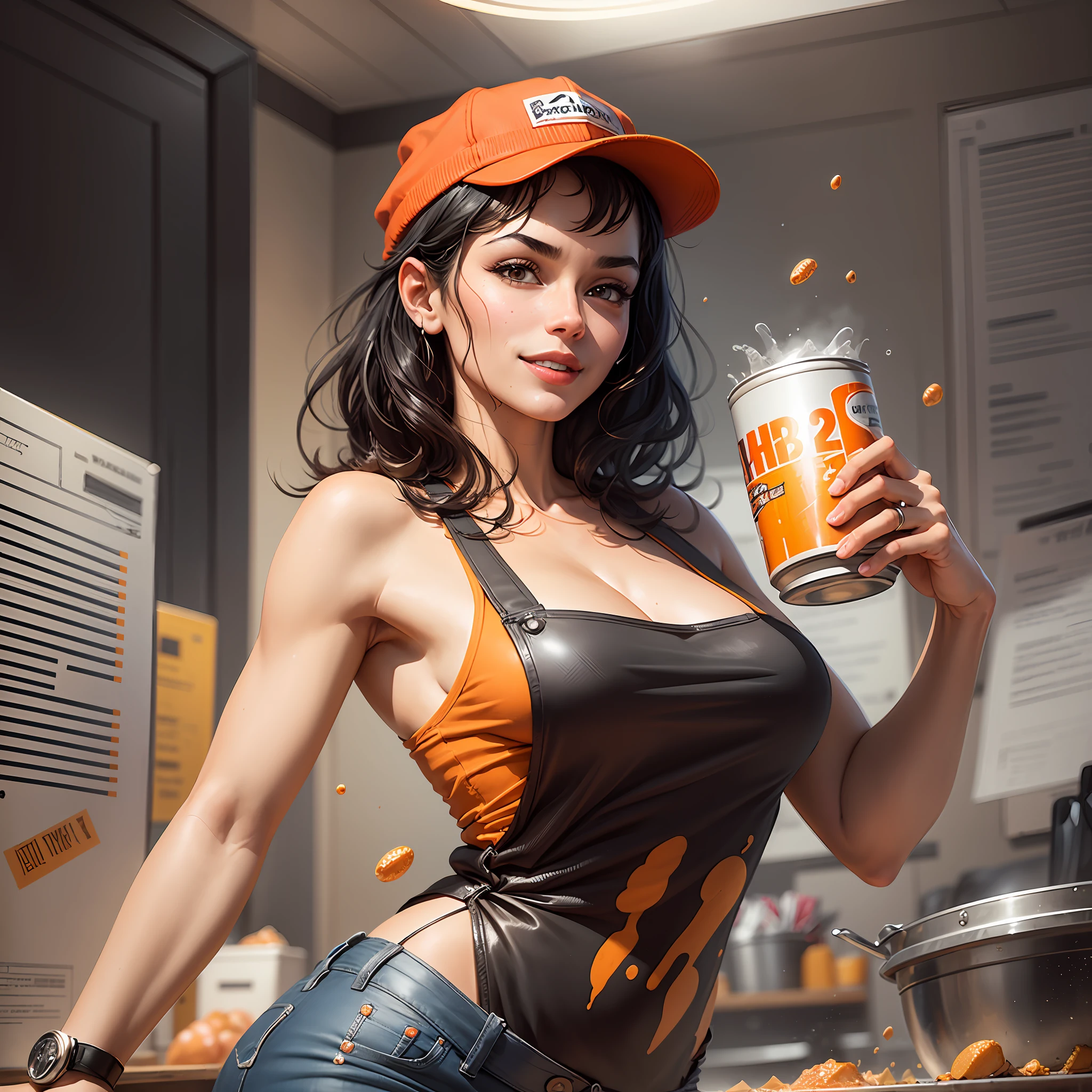 Best quality, realistic, award-winning illustration, (complicated detail: 1.2), (fine detail), (complicated detail), (cinematic lights, best quality), sharp lines, sharp focus, official art, 16k, A thin woman smiling, short and soft black hair, messy hair, wearing lipstick, black and orange cap, splash graphite background, splash dulce de leche, holding a huge can of candy open, a young skinny boss, black apron with orange, wearing jeans, character design by Tibor Czorba, winner of the contest behance, les nabis, behance hd, studio photography, 16k, white background. --auto --s2
