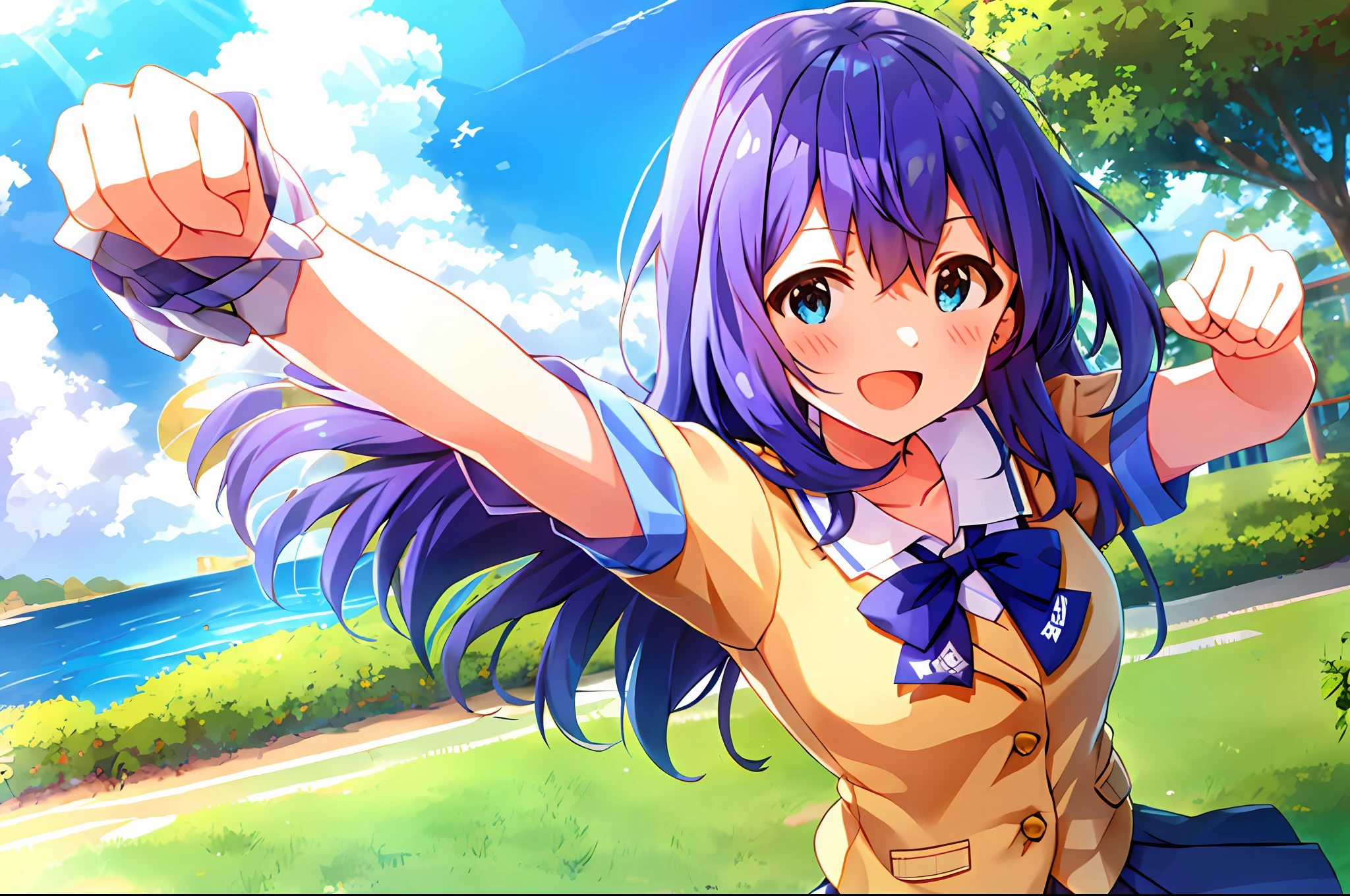 Anna Mochizuki (Million Live), Shiny Trinity \ (Costumes), (Top Quality, 8K, Masterpiece, Super Detail: 1.2), Sea, Sun, Dappled Sunlight, Blue Sky, Beautiful Clouds,
1 girl, solo, skirt, smile, open mouth, V, watch viewer, white sailor collar, blue shirt, sailor collar, blue skirt, pleated skirt, short sleeve, :d, shirt, school uniform, blush, serafuk, collarbone, bow, ribbon, blue bow.makeover pose.raise both arms.clench fists.